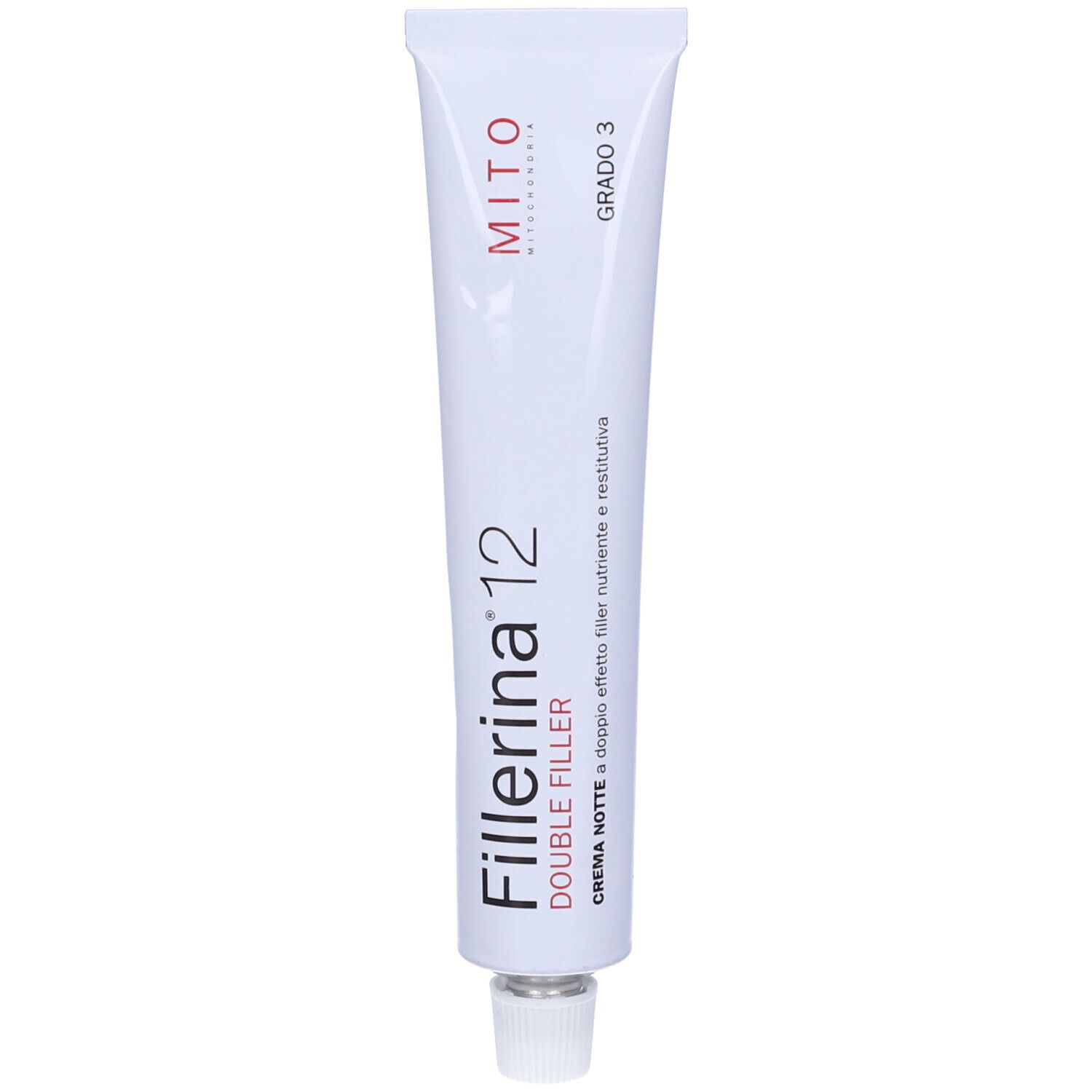 Tubo bianco con nome prodotto Fillerina 12 Double Filler. Scritta Mito e Grado 3.