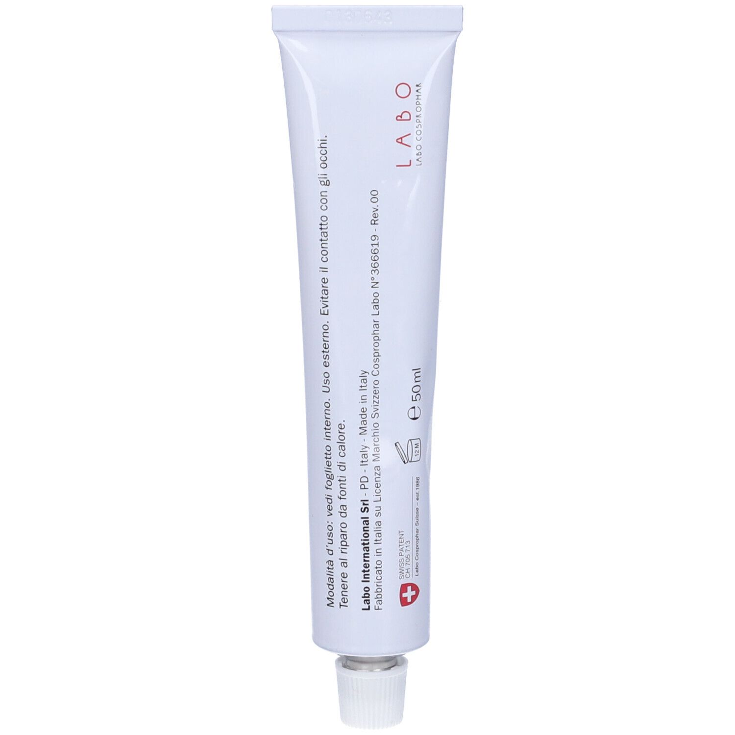 Tubo bianco con informazioni sul prodotto. Scritta Labo e E50ml.