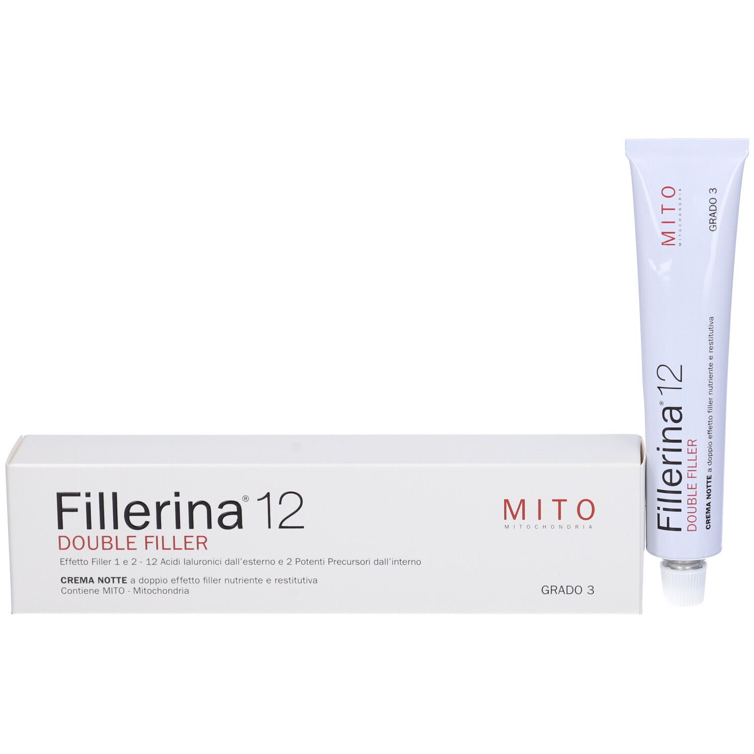 Confezione del prodotto e tubo. Confezione con nome prodotto Fillerina 12 Double Filler. Scritta Mito e Grado 3.