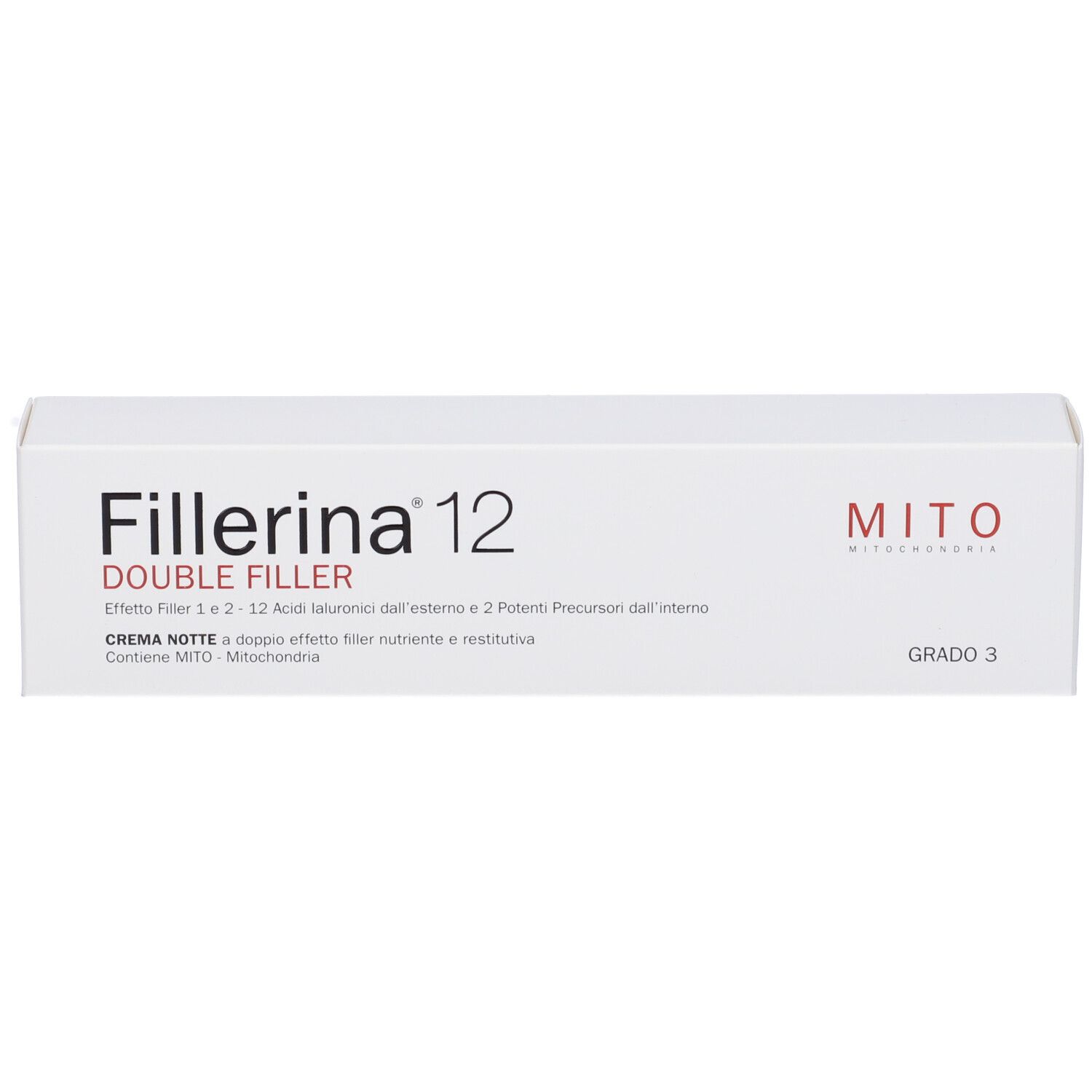 Confezione bianca del prodotto con nome prodotto Fillerina 12 Double Filler. Scritta Mito e Grado 3.