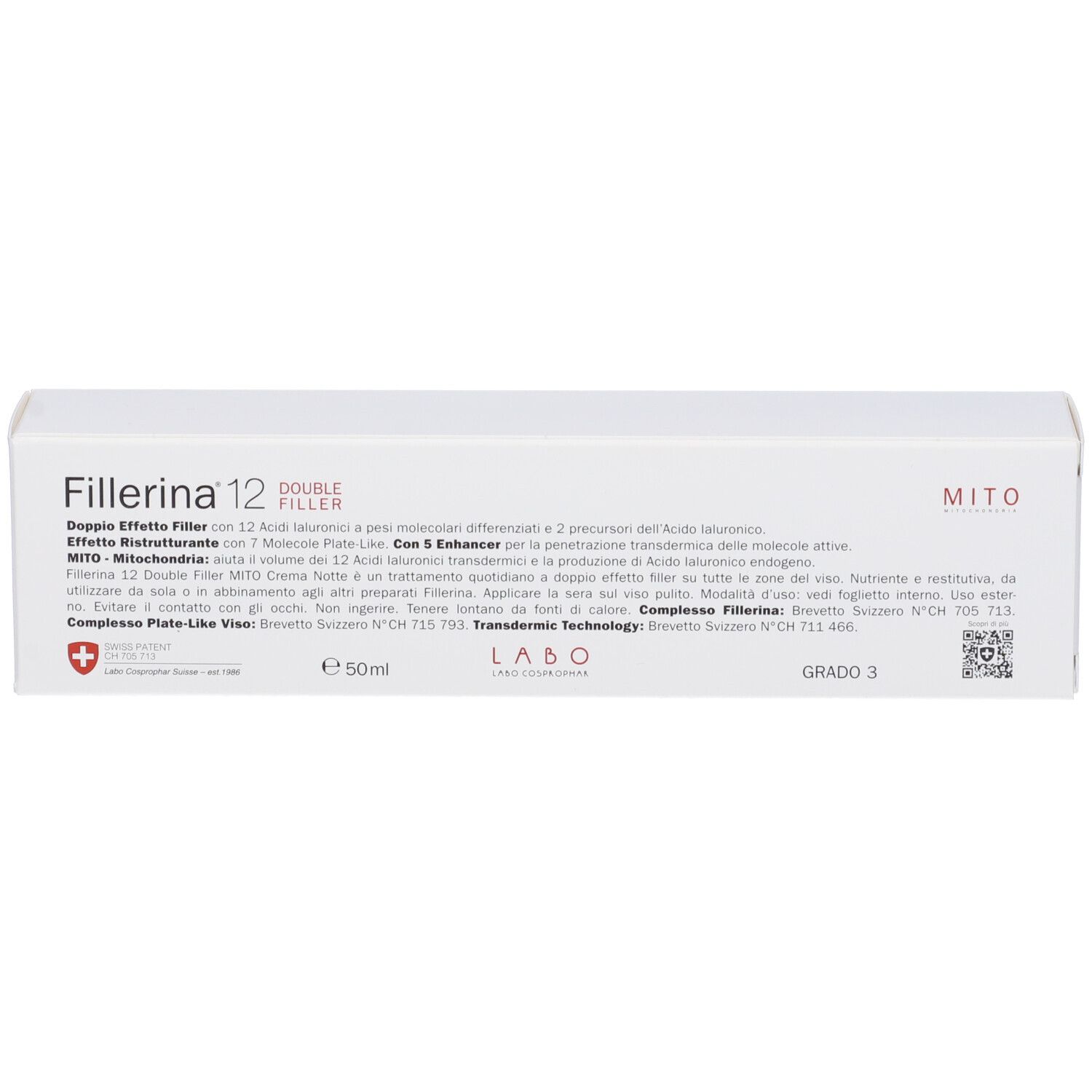 Confezione del prodotto con informazioni. Scritta Fillerina 12 Double Filler, Mito, E50ml e Grado 3.