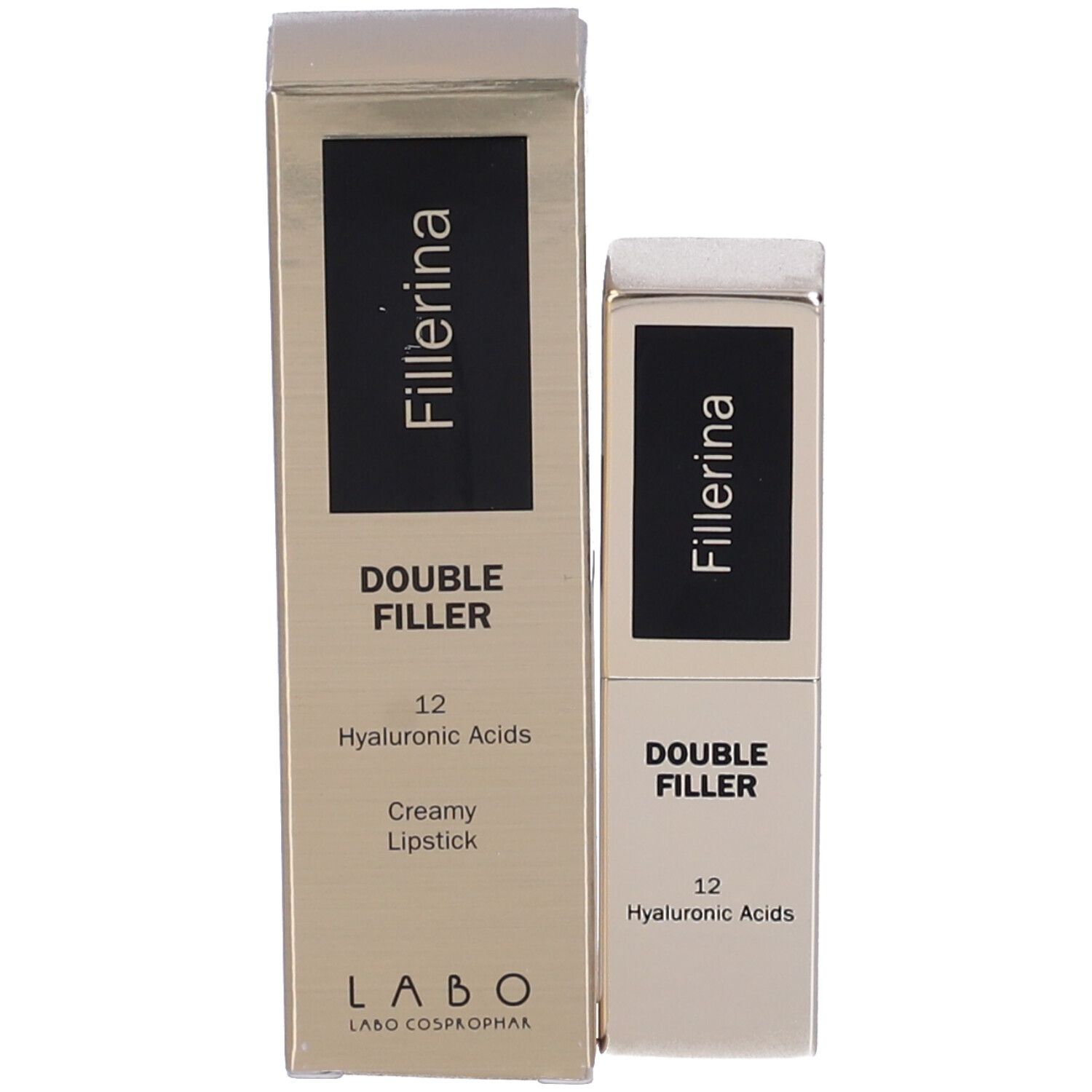 Confezione e rossetto. Sulla confezione è scritto "Fillerina DOUBLE FILLER 12 Hyaluronic Acids Creamy Lipstick".