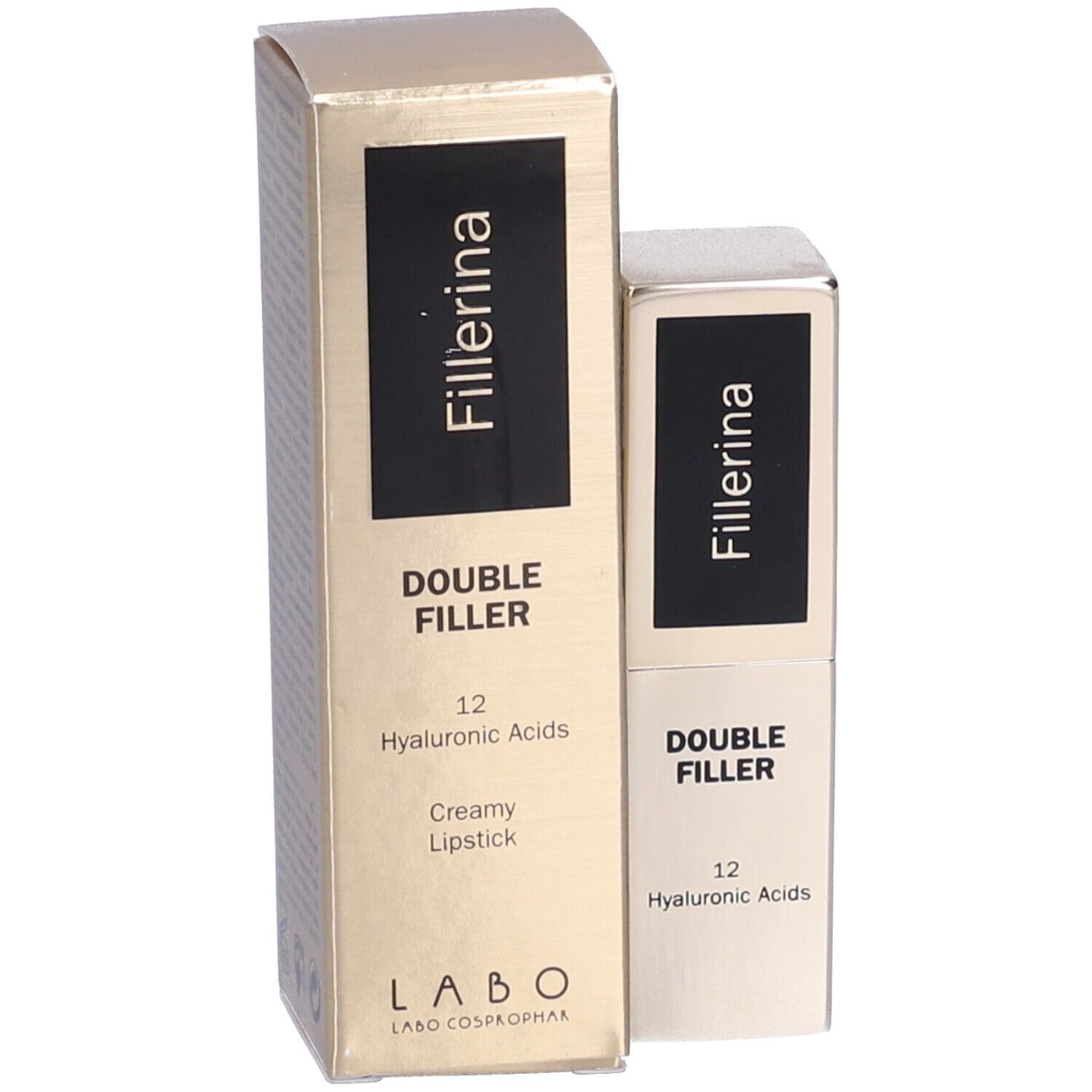 Confezione e rossetto. Sulla confezione è scritto "Fillerina DOUBLE FILLER 12 Hyaluronic Acids Creamy Lipstick".