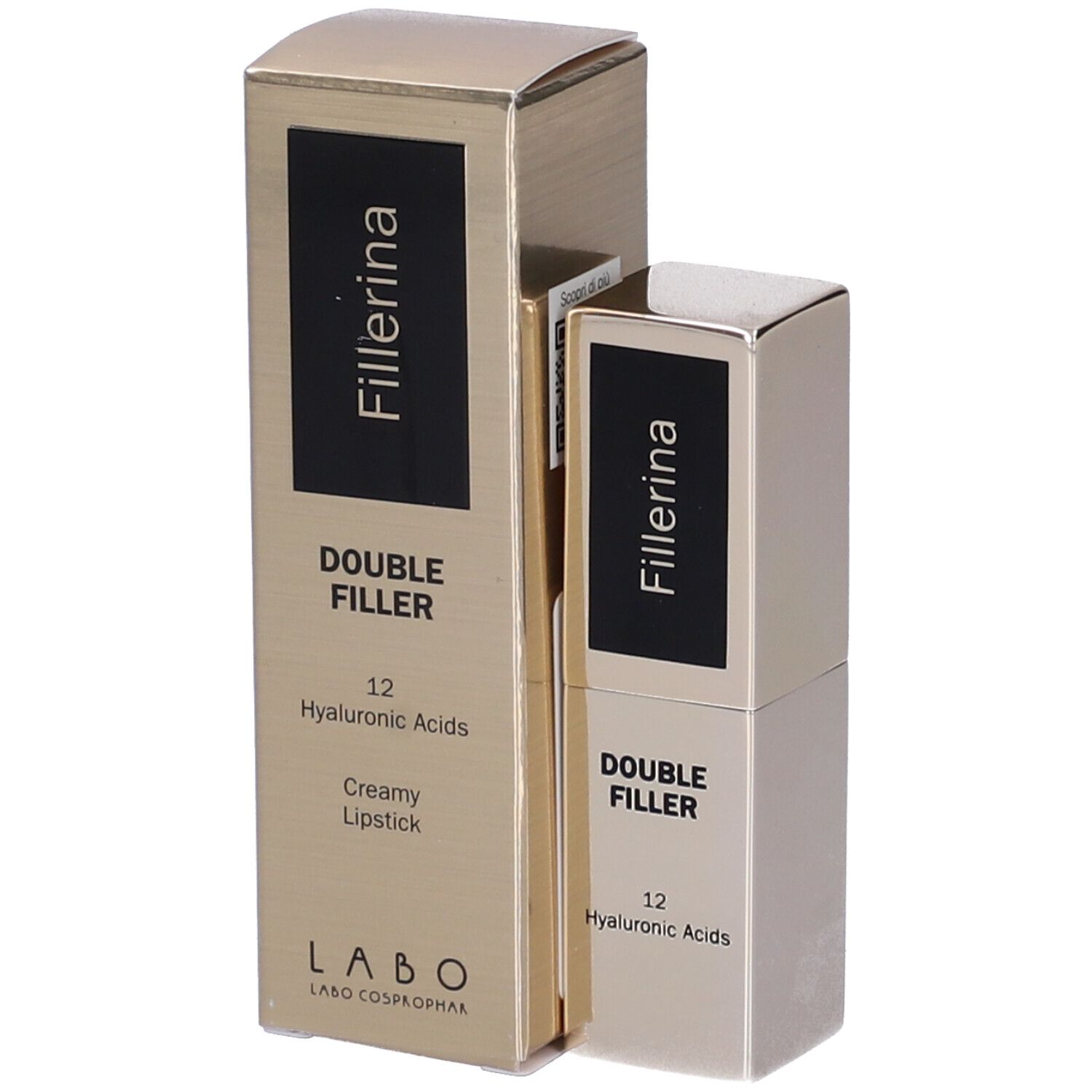 Confezione e rossetto. Sulla confezione è scritto "Fillerina DOUBLE FILLER 12 Hyaluronic Acids Creamy Lipstick".