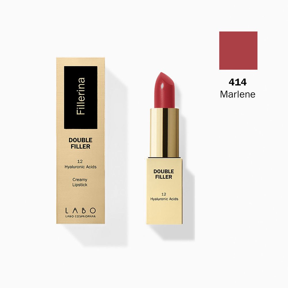Rossetto e confezione. Astuccio dorato, rossetto rosso. Scritta: Fillerina, Double Filler, 12 Acidi Ialuronici, Creamy Lipstick, colore 414 Marlene.