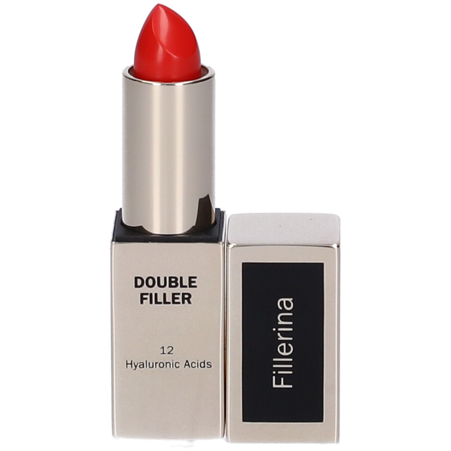 Rossetto rosso in astuccio argentato. Scritta: Double Filler, 12 Acidi Ialuronici. Accanto, la confezione con la scritta: Fillerina.