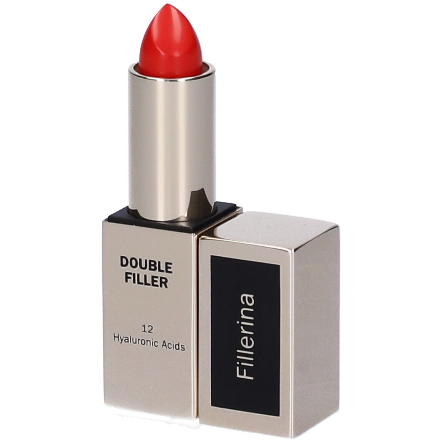 Rossetto rosso in astuccio argentato. Accanto, la confezione con la scritta: Fillerina, Double Filler, 12 Acidi Ialuronici.