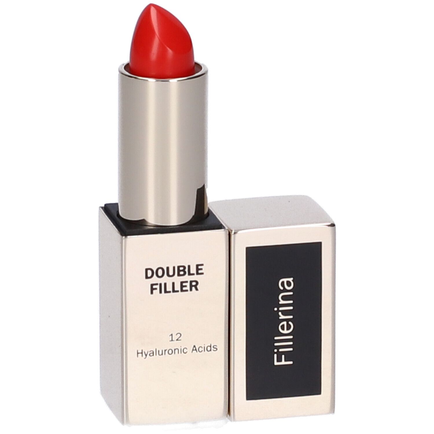 Rossetto rosso in astuccio argentato. Accanto, la confezione con la scritta: Fillerina, Double Filler, 12 Acidi Ialuronici.