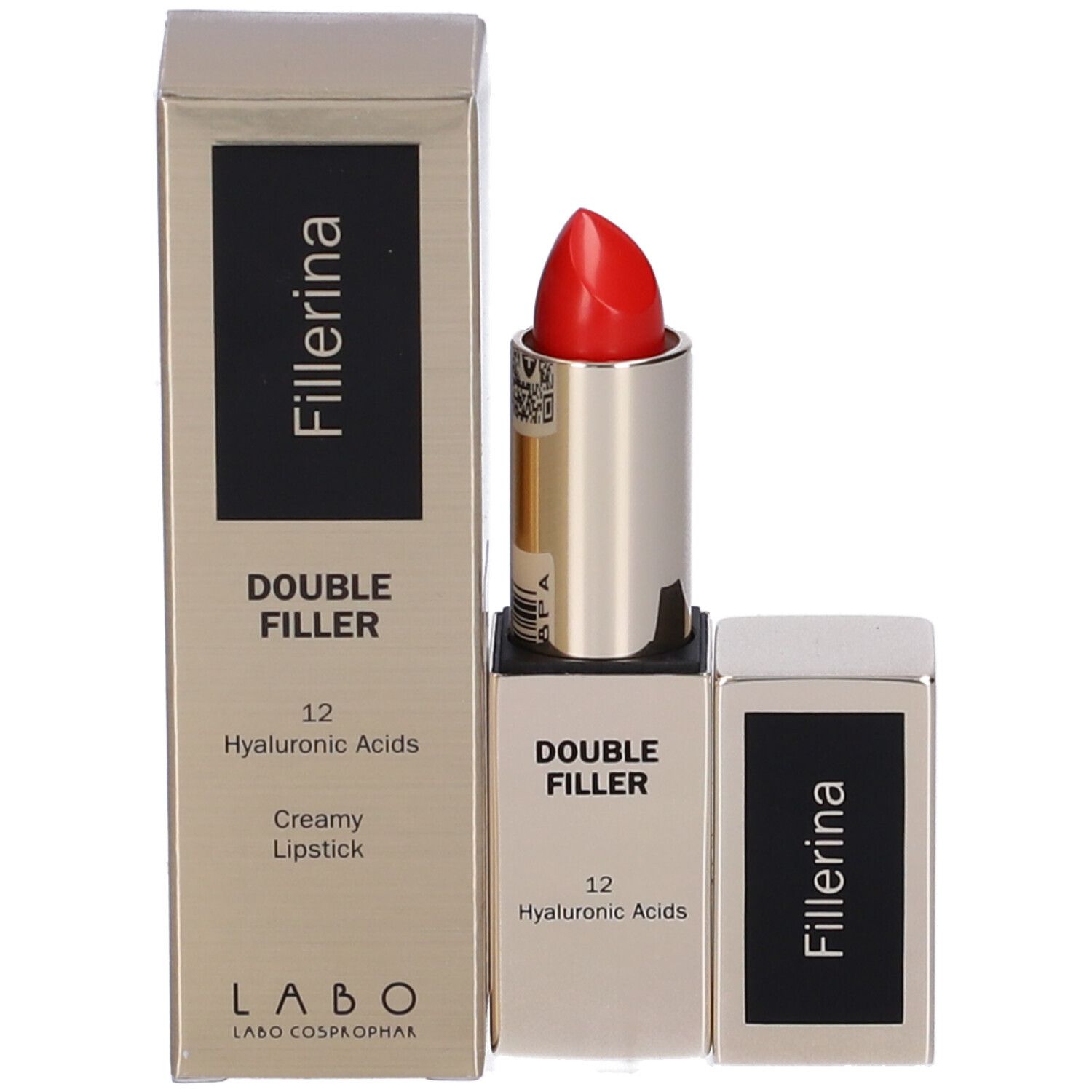 Rossetto e confezione. Astuccio dorato, rossetto rosso. Scritta: Fillerina, Double Filler, 12 Acidi Ialuronici, Creamy Lipstick.