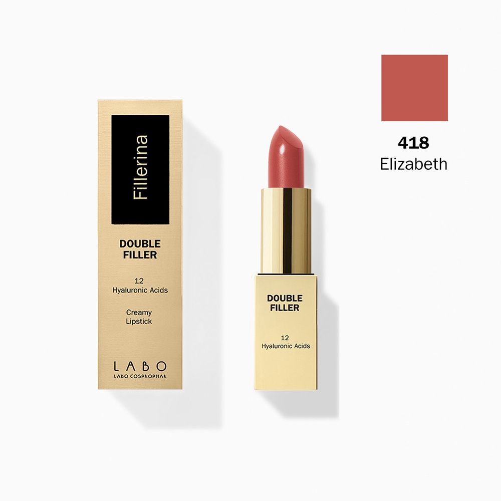 Rossetto Labo Fillerina, colore 418 Elizabeth, con confezione. Astuccio dorato, rossetto rosa.