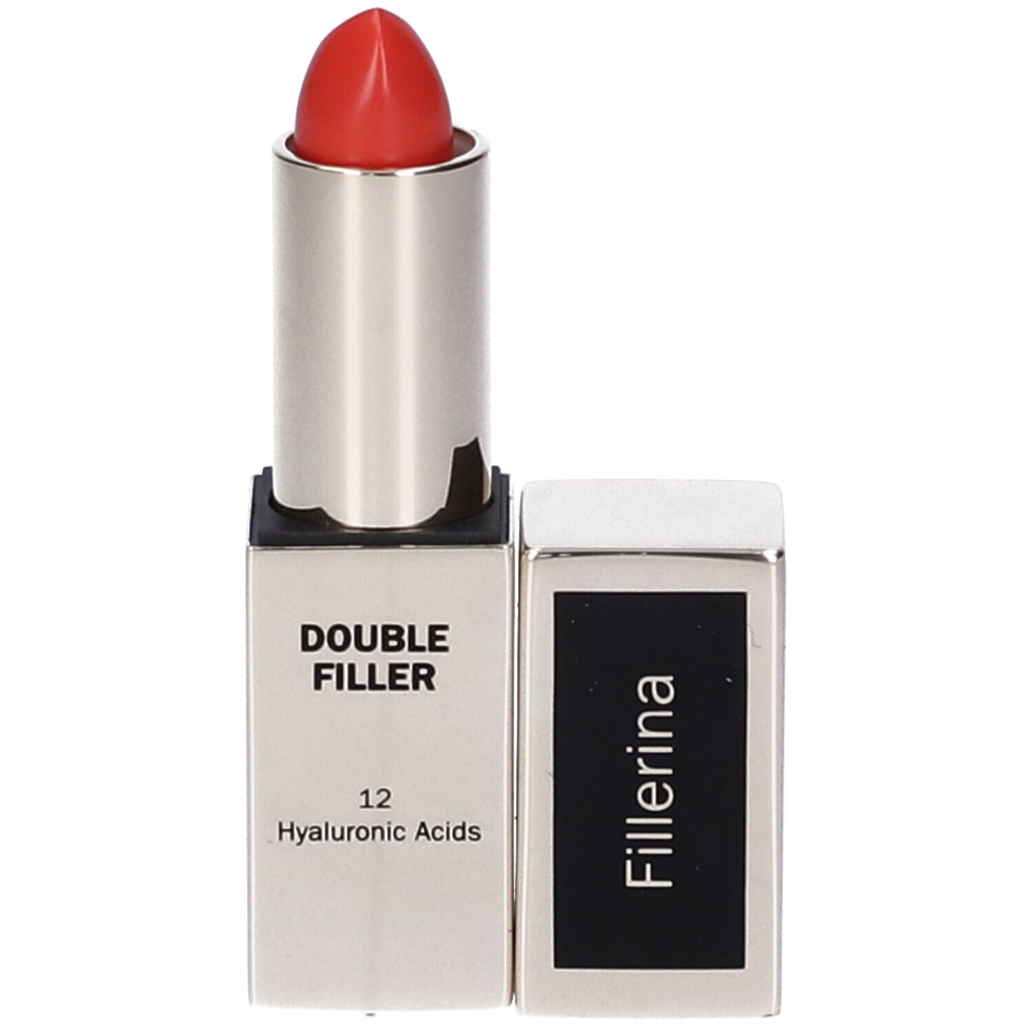 Rossetto Labo Fillerina, astuccio argento, rossetto rosso. Testo: Double Filler, 12 Acidi Ialuronici.