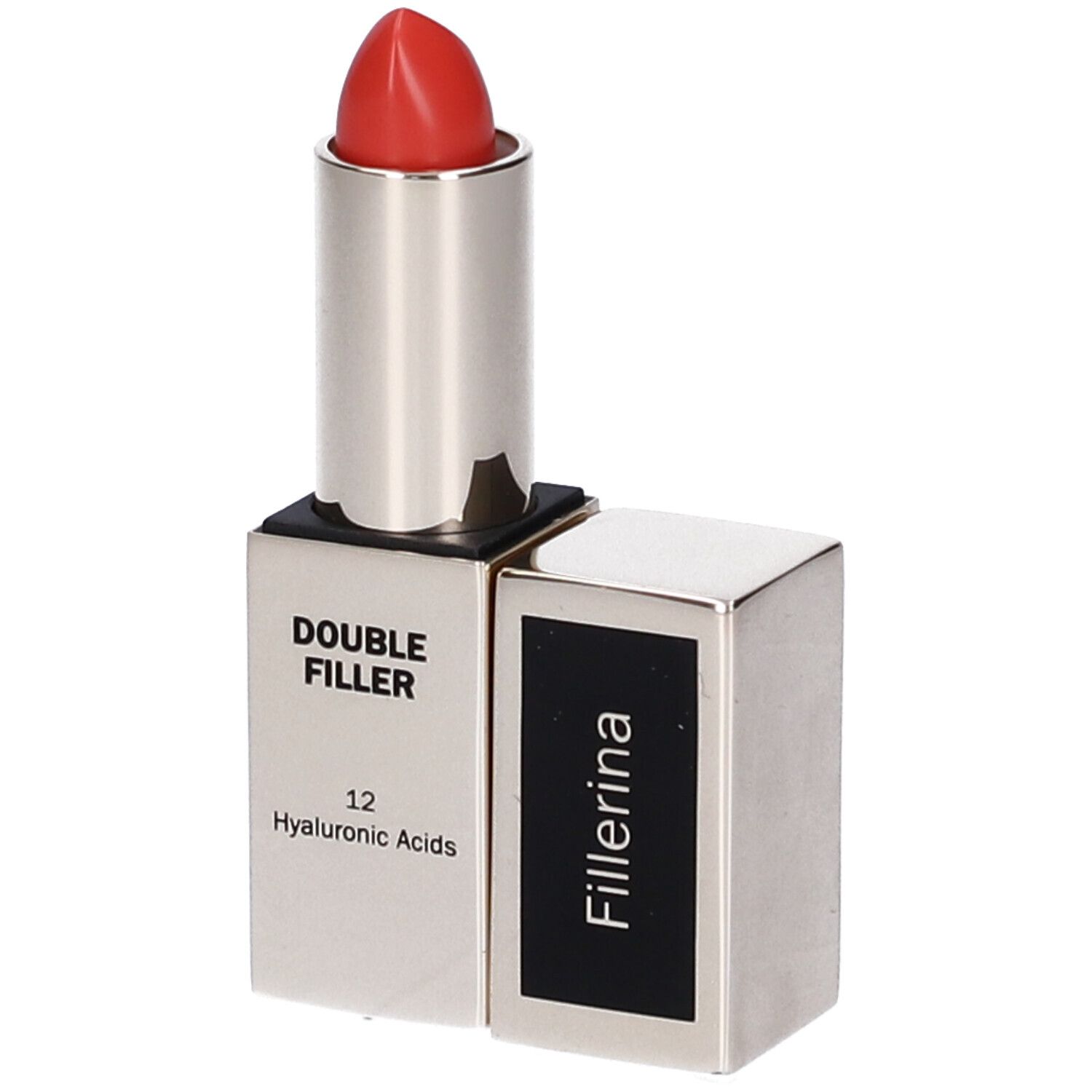 Rossetto Labo Fillerina, astuccio argento, rossetto rosso. Testo: Double Filler, 12 Acidi Ialuronici.