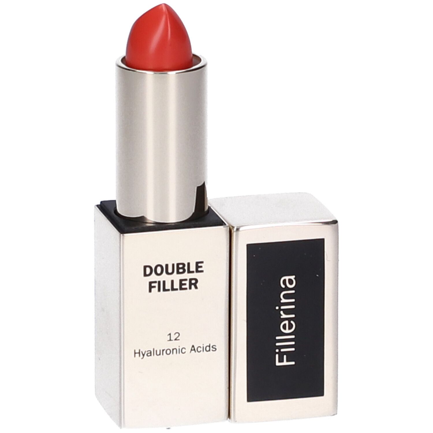 Rossetto Labo Fillerina, astuccio argento, rossetto rosso. Testo: Double Filler, 12 Acidi Ialuronici.