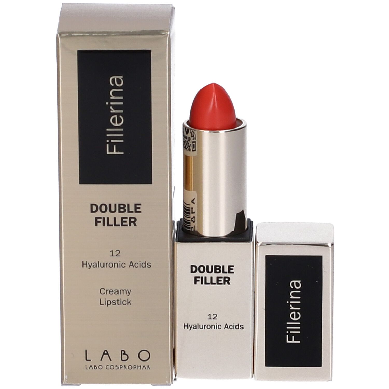 Rossetto Labo Fillerina con confezione. Astuccio argento, rossetto rosso. Testo: Double Filler, 12 Acidi Ialuronici.