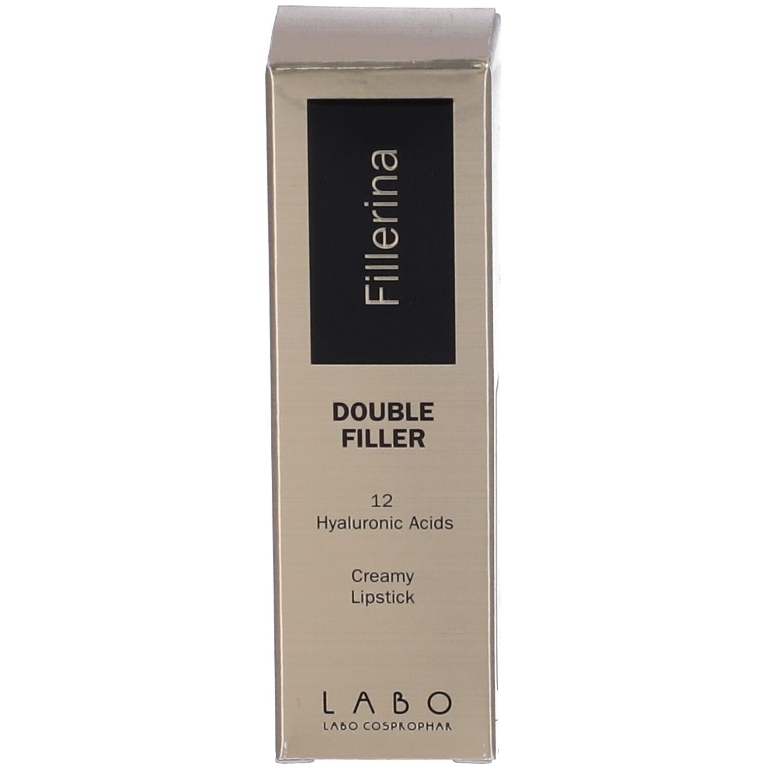 Confezione rossetto Labo Fillerina. Testo: Double Filler, 12 Acidi Ialuronici, Creamy Lipstick.