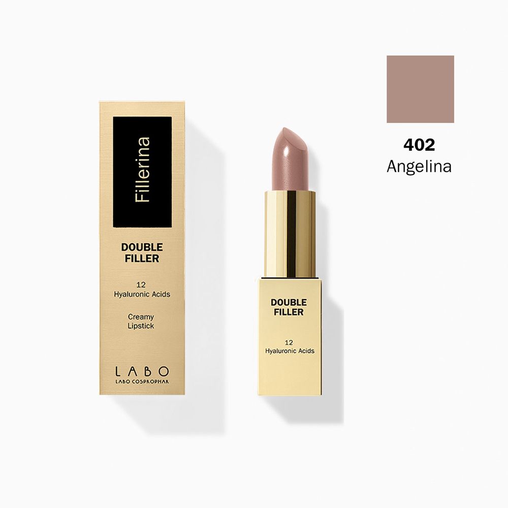 Rossetto e confezione. Astuccio dorato, rossetto rosa. Sulla confezione: Fillerina, Double Filler, 12 Acidi Ialuronici.