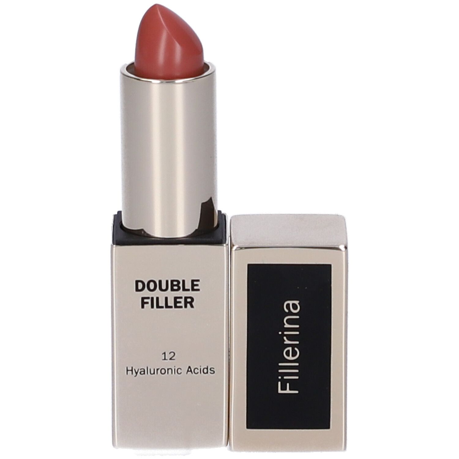 Rossetto aperto. Astuccio argentato, rossetto rosa. Sul contenitore: Double Filler, 12 Acidi Ialuronici. Fillerina.