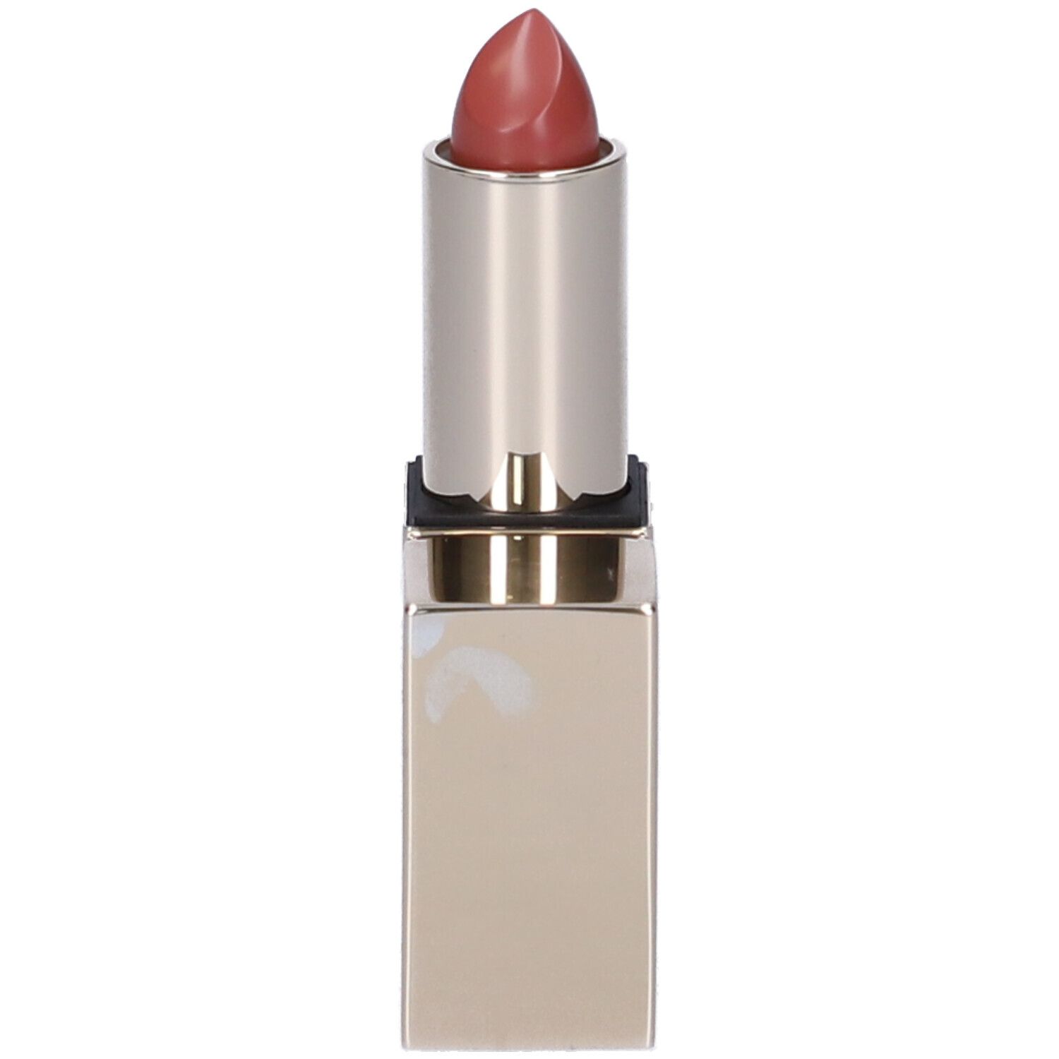 Rossetto aperto. Astuccio argentato, rossetto rosa.