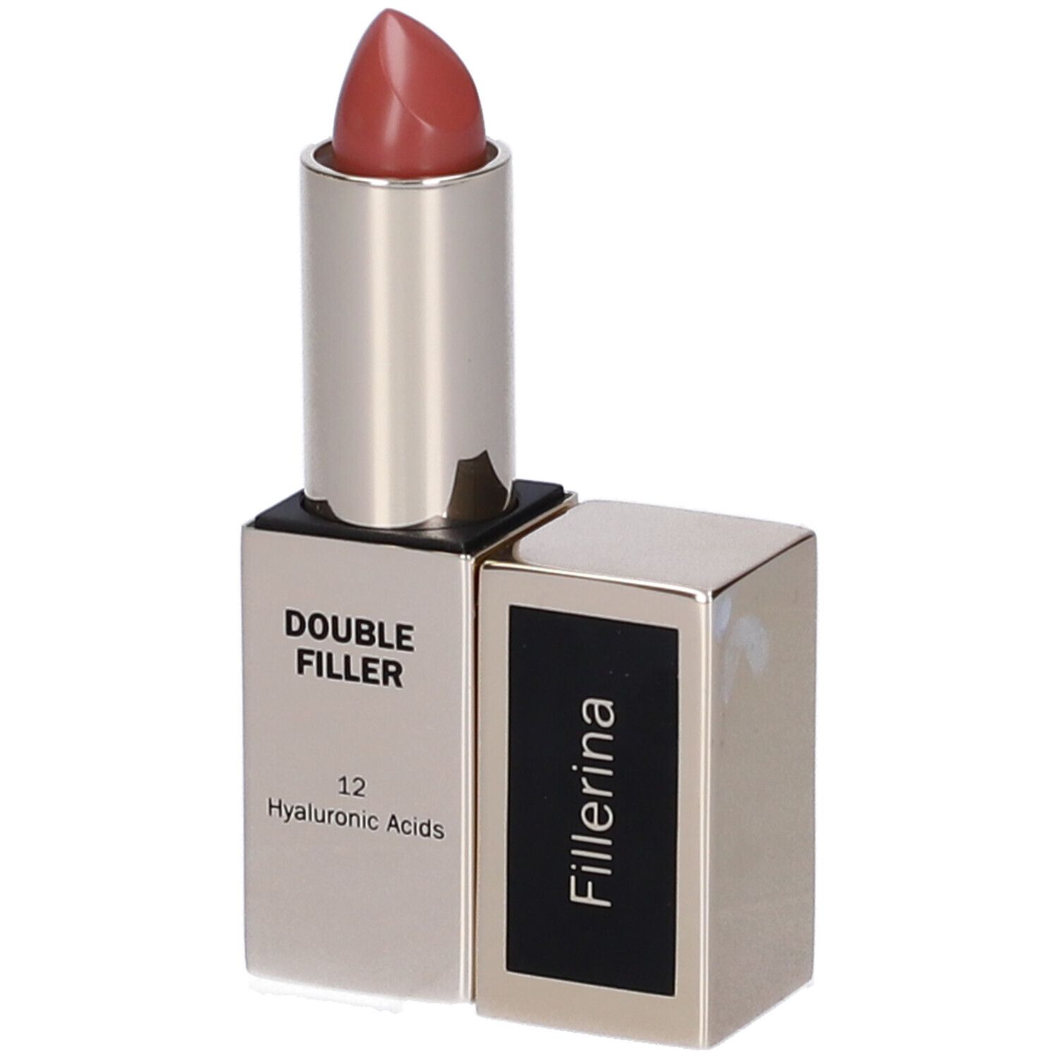 Rossetto aperto. Astuccio argentato, rossetto rosa. Sul contenitore: Double Filler, 12 Acidi Ialuronici. Fillerina.