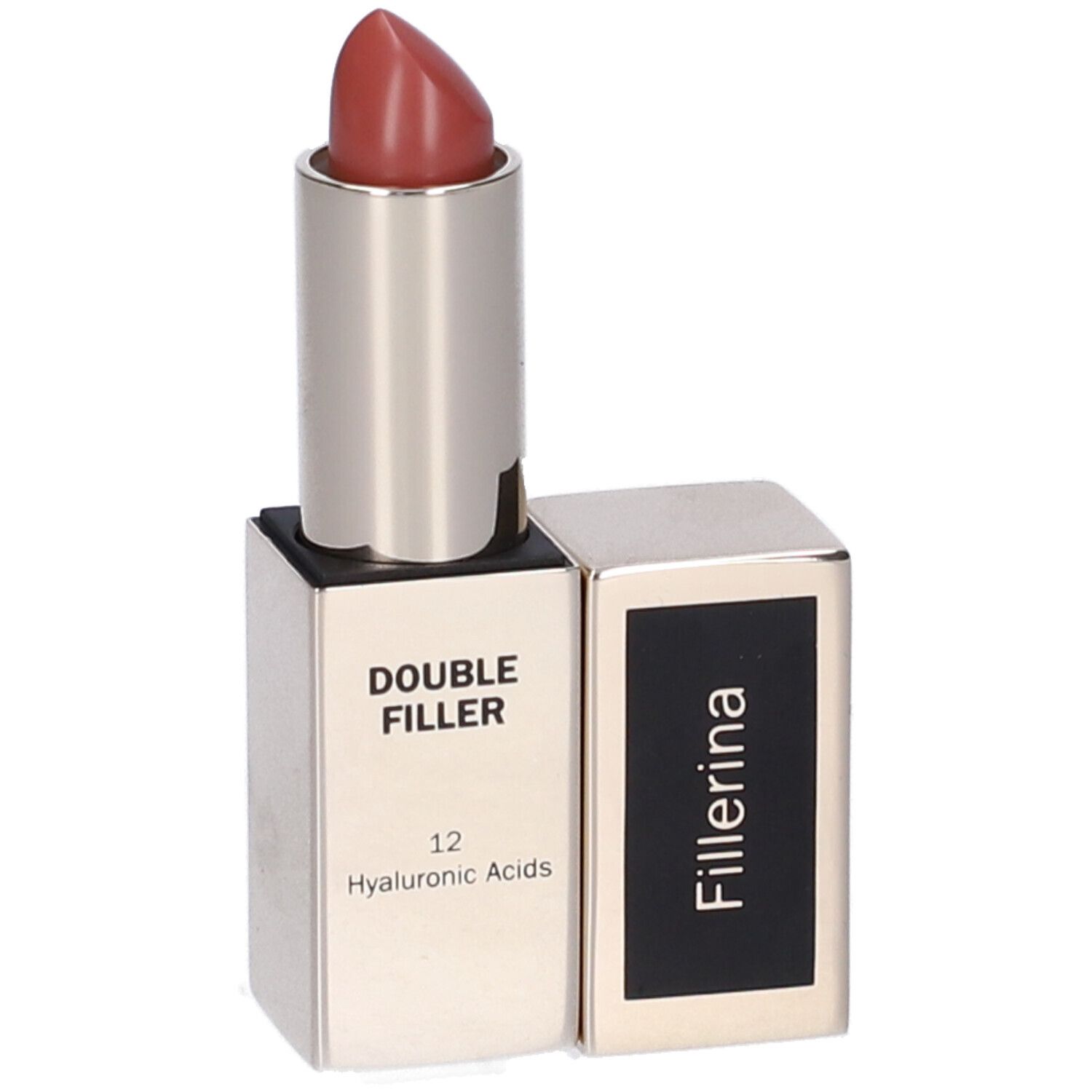 Rossetto aperto. Astuccio argentato, rossetto rosa. Sul contenitore: Double Filler, 12 Acidi Ialuronici. Fillerina.