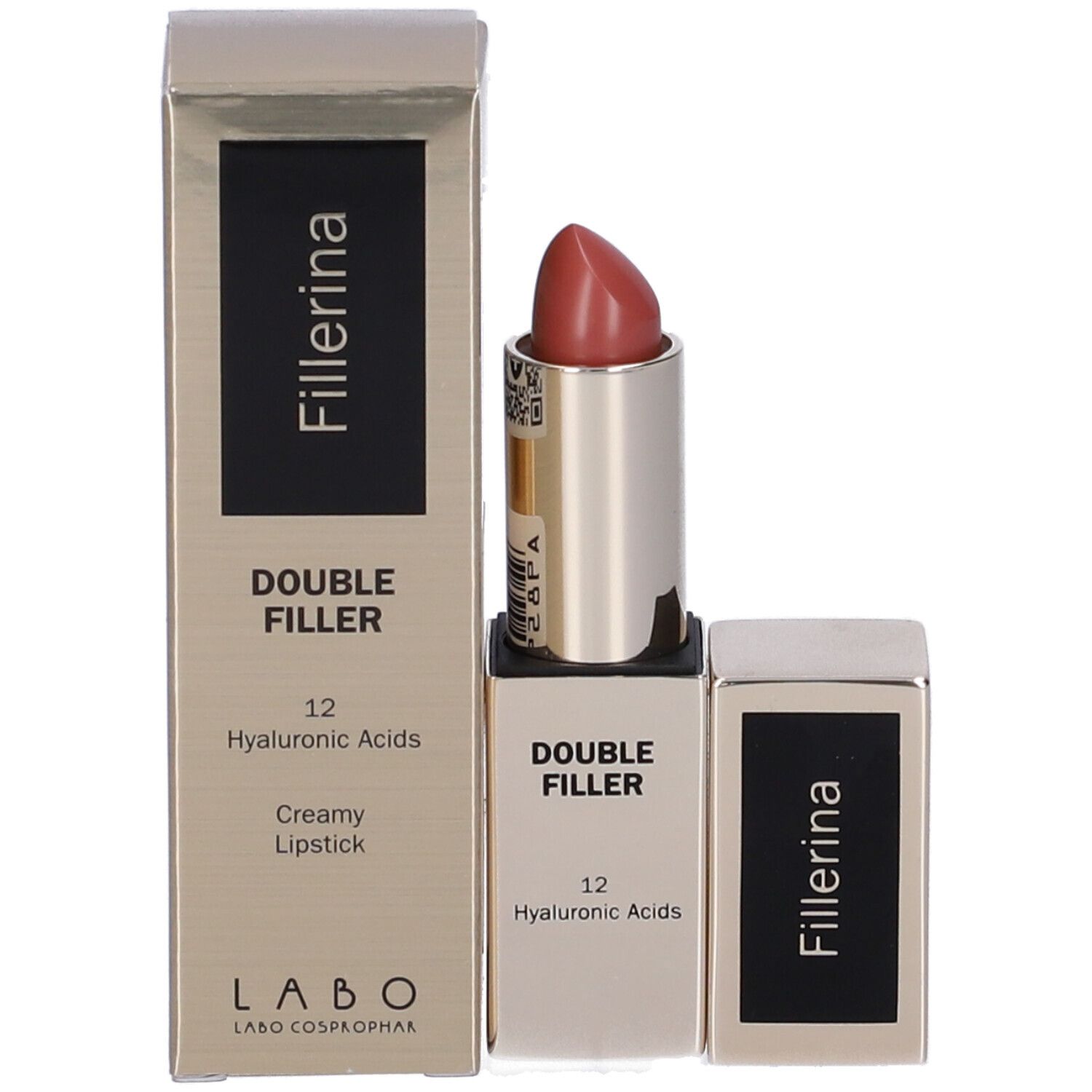 Rossetto e confezione. Astuccio dorato, rossetto rosa. Sulla confezione: Fillerina, Double Filler, 12 Acidi Ialuronici.