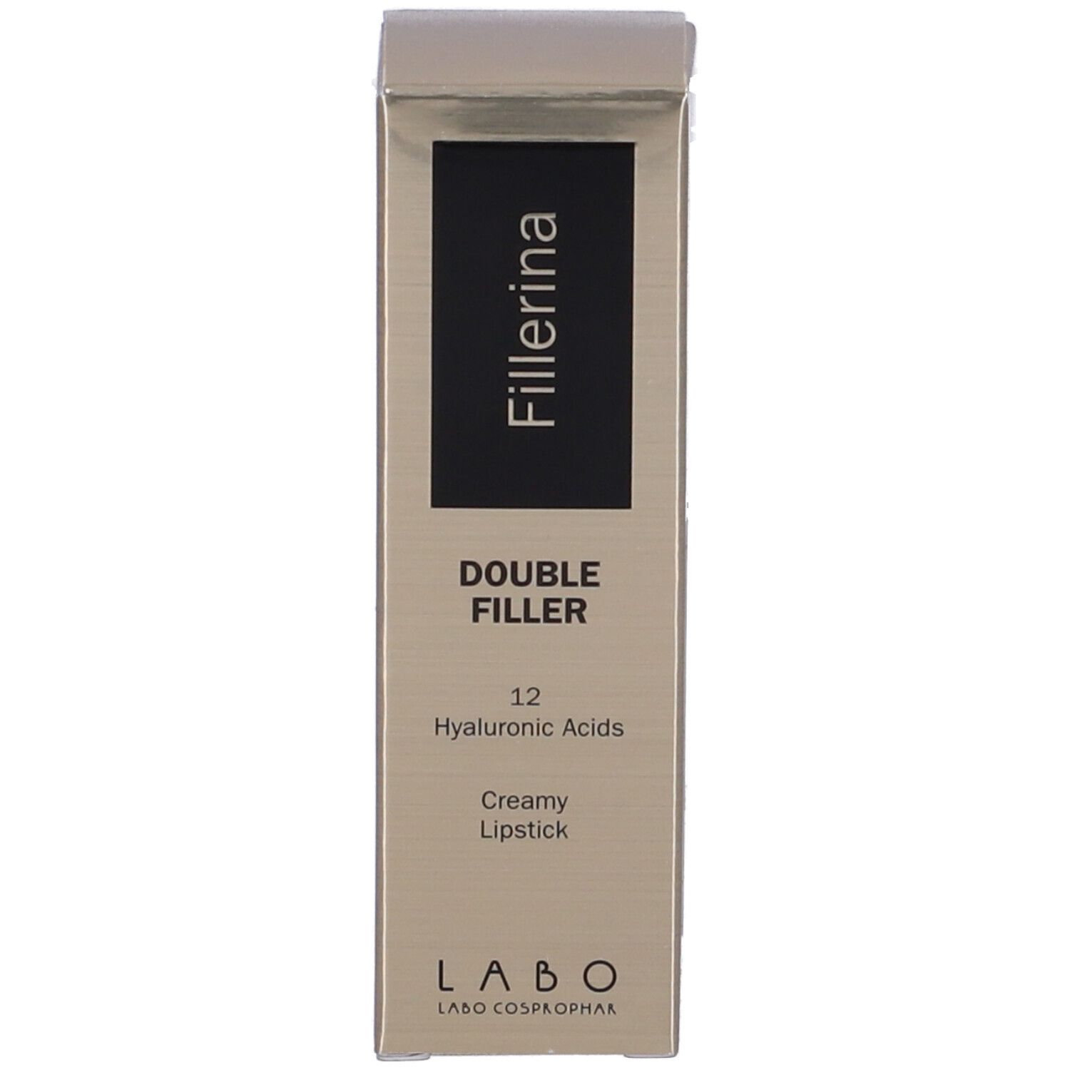 Confezione. Sulla confezione: Fillerina, Double Filler, 12 Acidi Ialuronici. Creamy Lipstick.