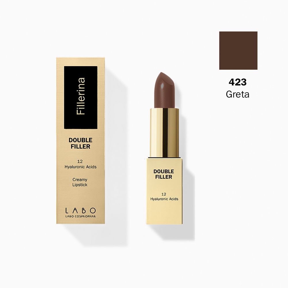 Rossetto marrone in stick dorato. Tonalità 423 Greta. Confezione con informazioni sul prodotto.