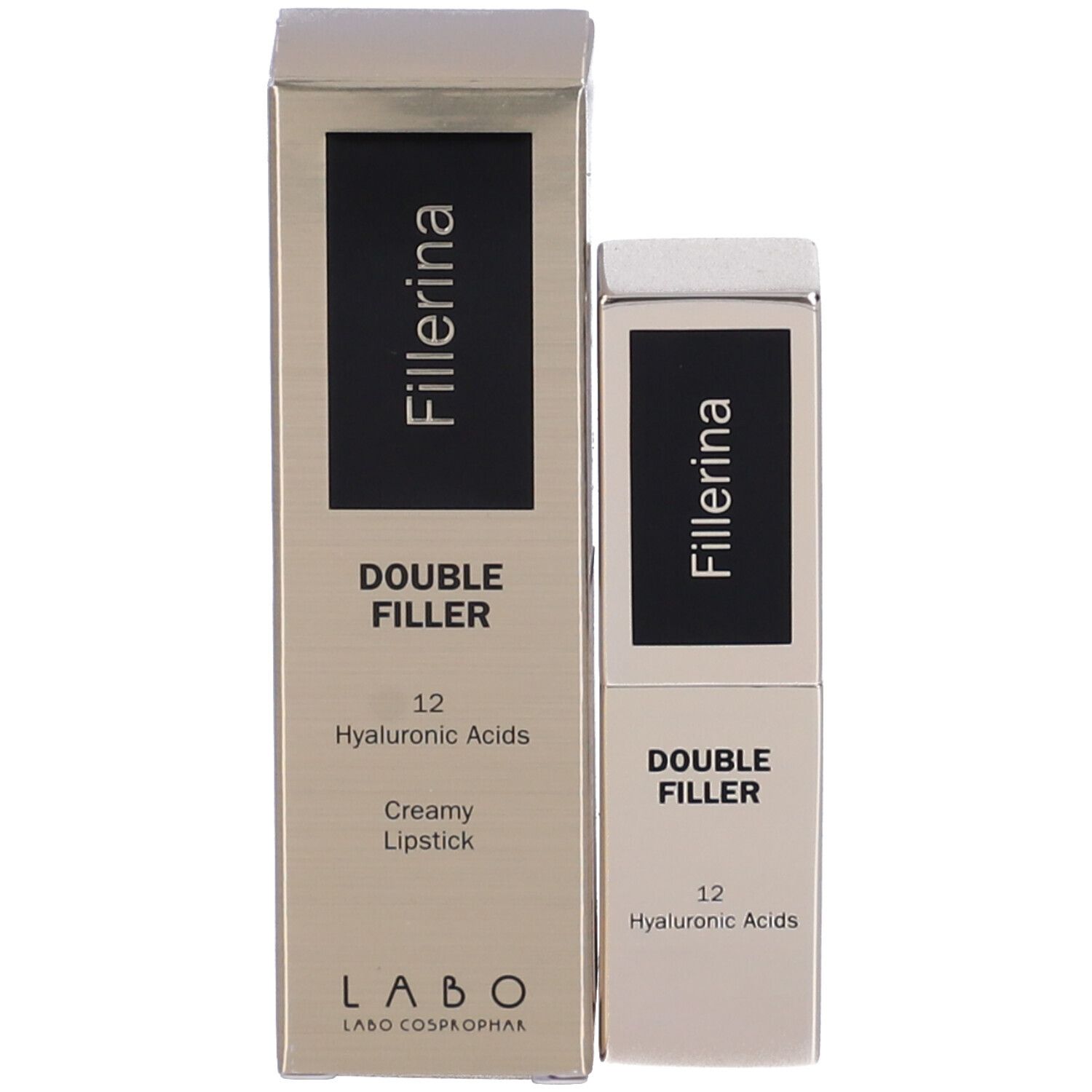 Rossetto e confezione. Scritte Fillerina, Double Filler, 12 Acidi Ialuronici, Creamy Lipstick. Dorato.