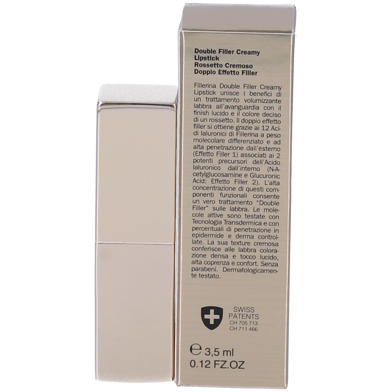 Confezione con descrizione del prodotto. Scritte Fillerina Double Filler Creamy Lipstick. 3,5 ml. Brevetti svizzeri.
