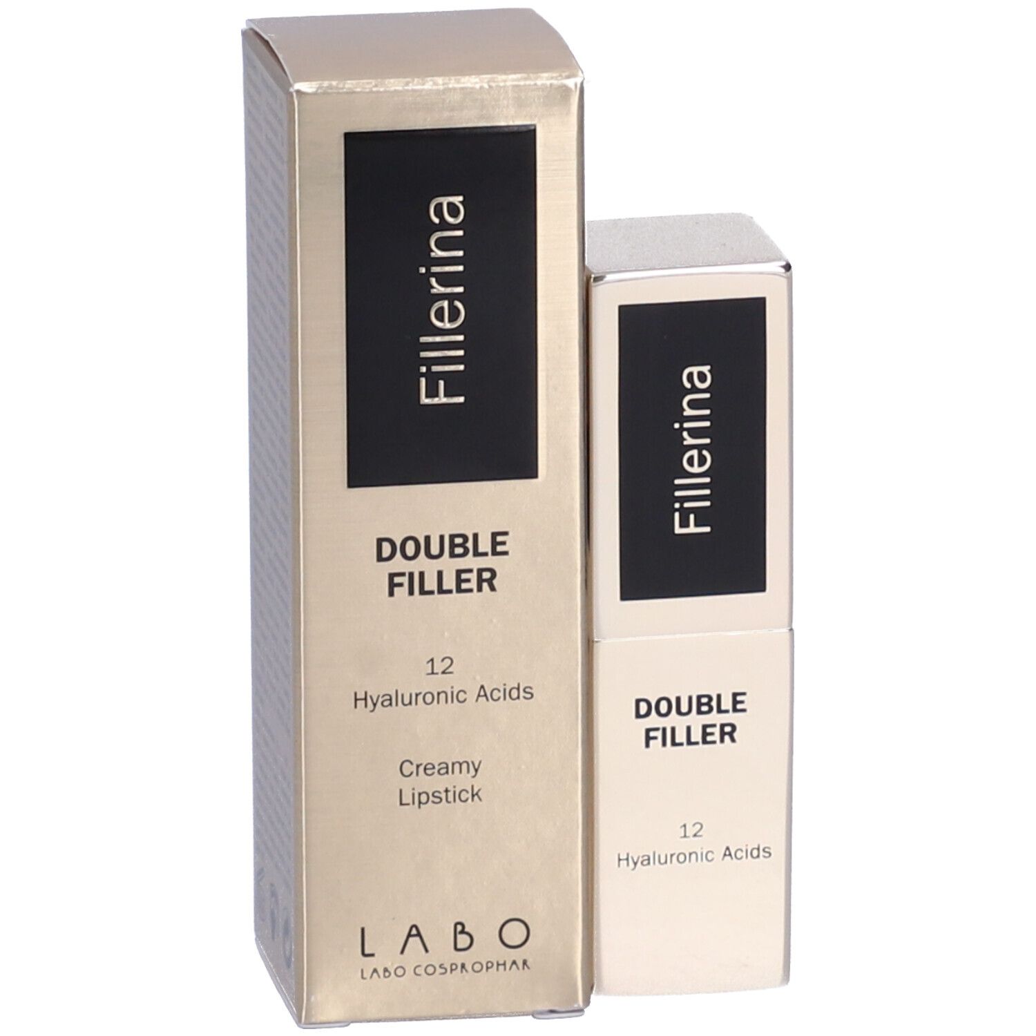 Rossetto e confezione. Scritte Fillerina, Double Filler, 12 Acidi Ialuronici, Creamy Lipstick. Dorato.