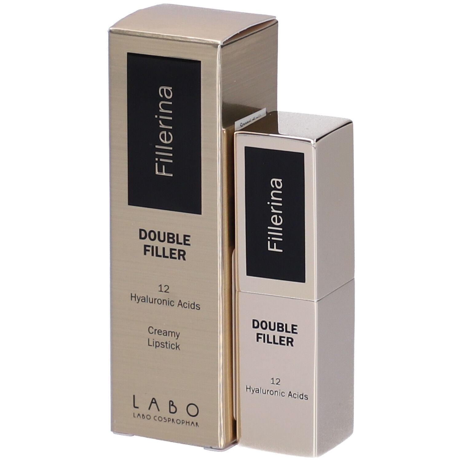 Rossetto e confezione. Scritte Fillerina, Double Filler, 12 Acidi Ialuronici, Creamy Lipstick. Dorato.