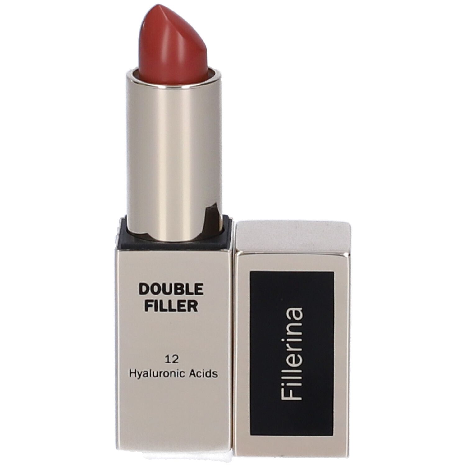 Rossetto color argento, aperto. Rossetto rosso. Confezione nera e argento.