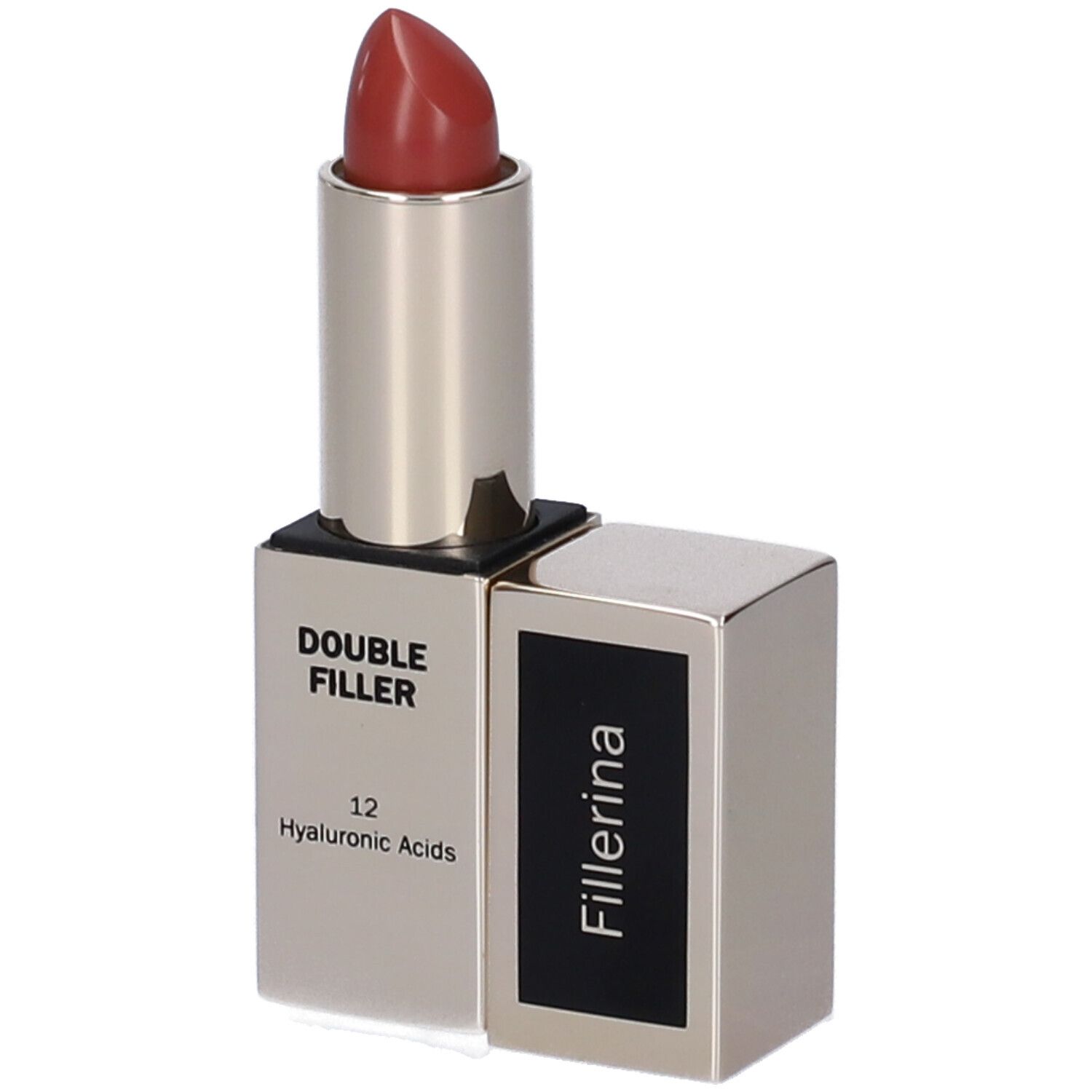 Rossetto color argento, aperto. Rossetto rosso. Confezione nera e argento.