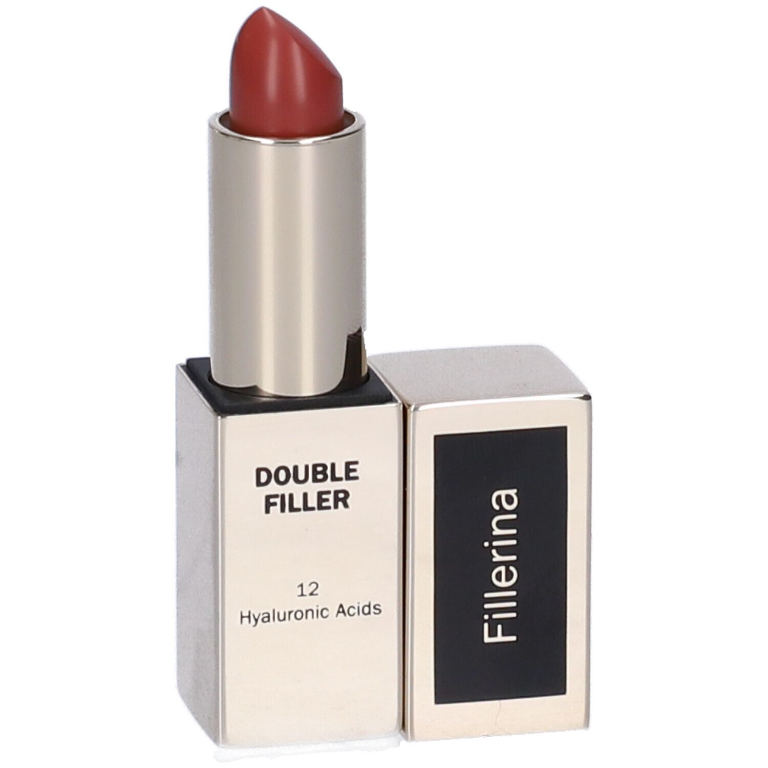 Rossetto color argento, aperto. Rossetto rosso. Confezione nera e argento.