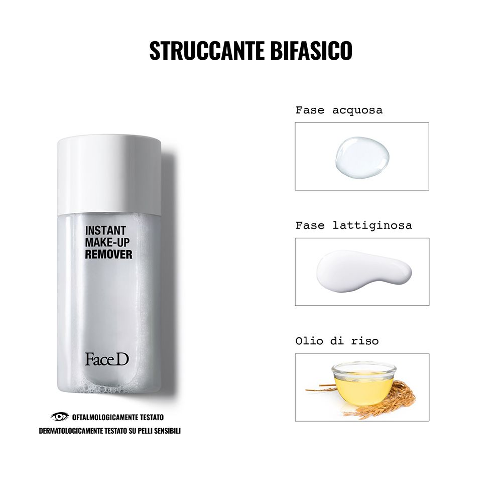 Produkt mit Aufschrift: INSTANT MAKE-UP REMOVER. Zusätzliche Abbildungen: Wasserphase, milchige Phase, Reisöl.