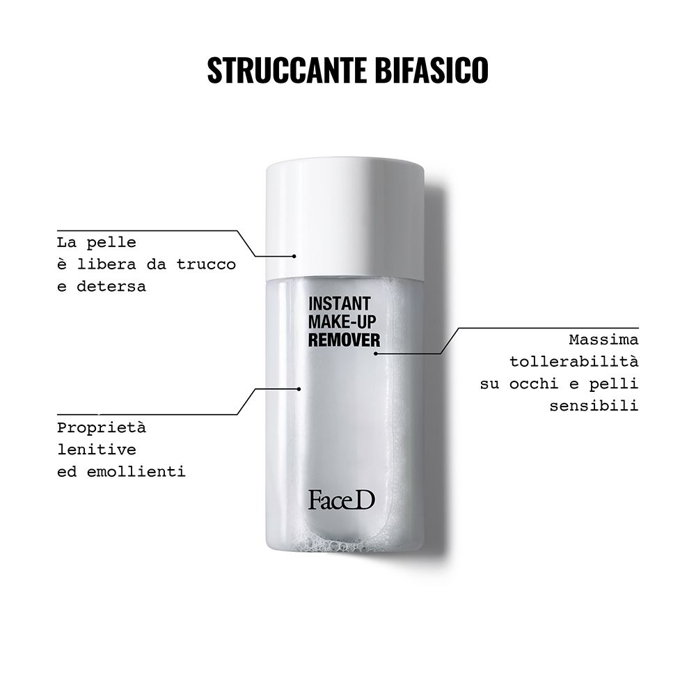 Produkt mit Aufschrift: INSTANT MAKE-UP REMOVER. Text: Haut frei von Make-up, maximale Verträglichkeit für Augen und empfindliche Haut.