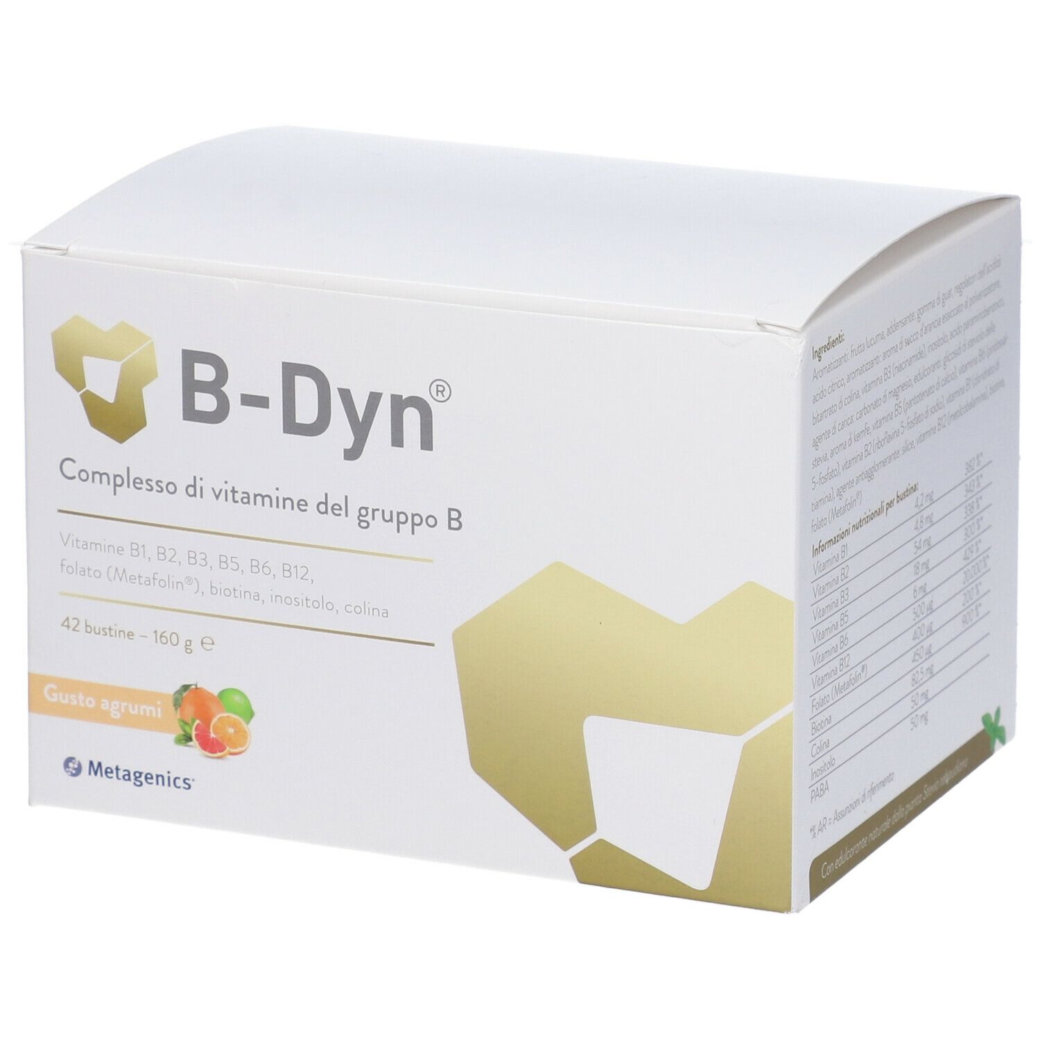 Scatola bianca con logo B-Dyn e informazioni sul prodotto. Contiene 42 bustine, 160 g. Gusto agrumi. Marca: Metagenics.