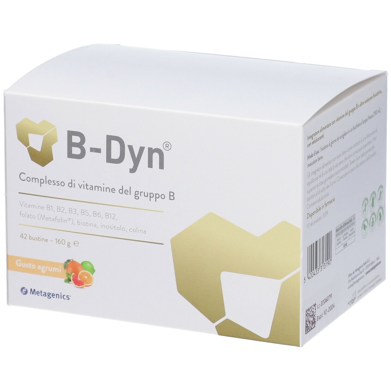 Scatola bianca con logo B-Dyn e informazioni sul prodotto. Contiene 42 bustine, 160 g. Gusto agrumi. Marca: Metagenics.