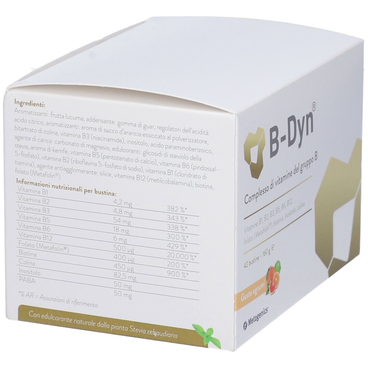 Scatola bianca con logo B-Dyn e informazioni sul prodotto. Contiene ingredienti e valori nutrizionali. Gusto agrumi. Marca: Metagenics.