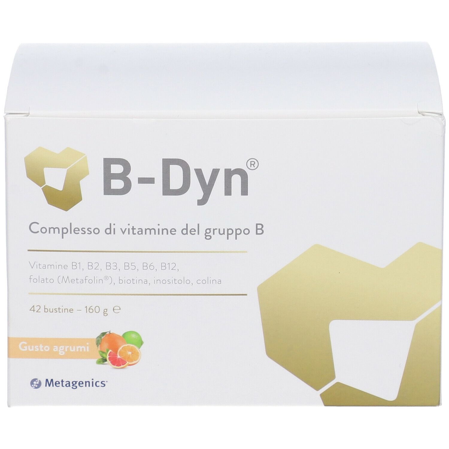 Scatola bianca con logo B-Dyn e informazioni sul prodotto. Contiene 42 bustine, 160 g. Gusto agrumi. Marca: Metagenics.