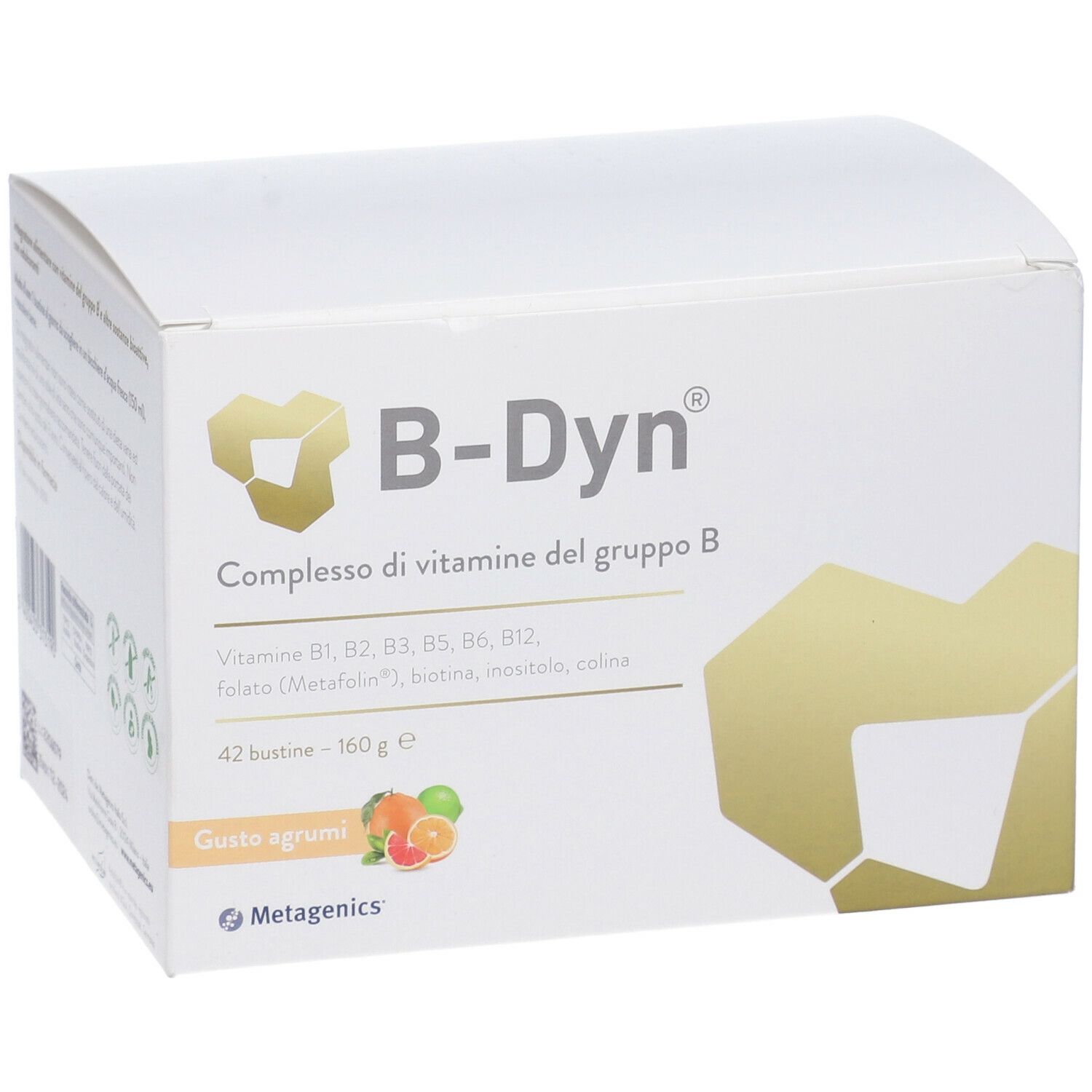 Scatola bianca con logo B-Dyn e informazioni sul prodotto. Contiene 42 bustine, 160 g. Gusto agrumi. Marca: Metagenics.
