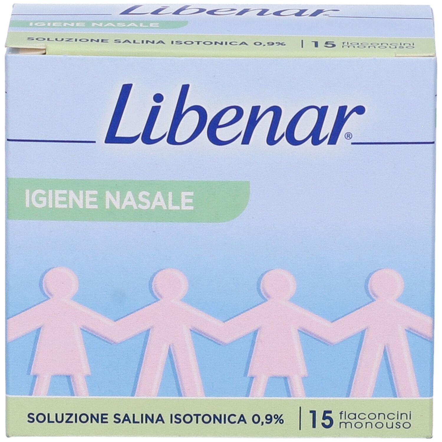 Schachtel Libenar, Igien Nasale, Soluzione Salina Isotonica, 15 Fläschchen. Figuren. Blau, grün, weiß.