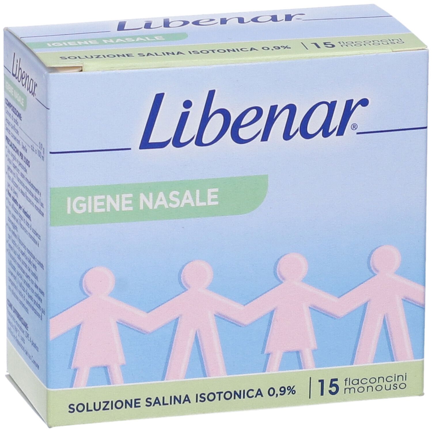 Schachtel Libenar, Igien Nasale, Soluzione Salina Isotonica, 15 Fläschchen. Figuren. Blau, grün, weiß.