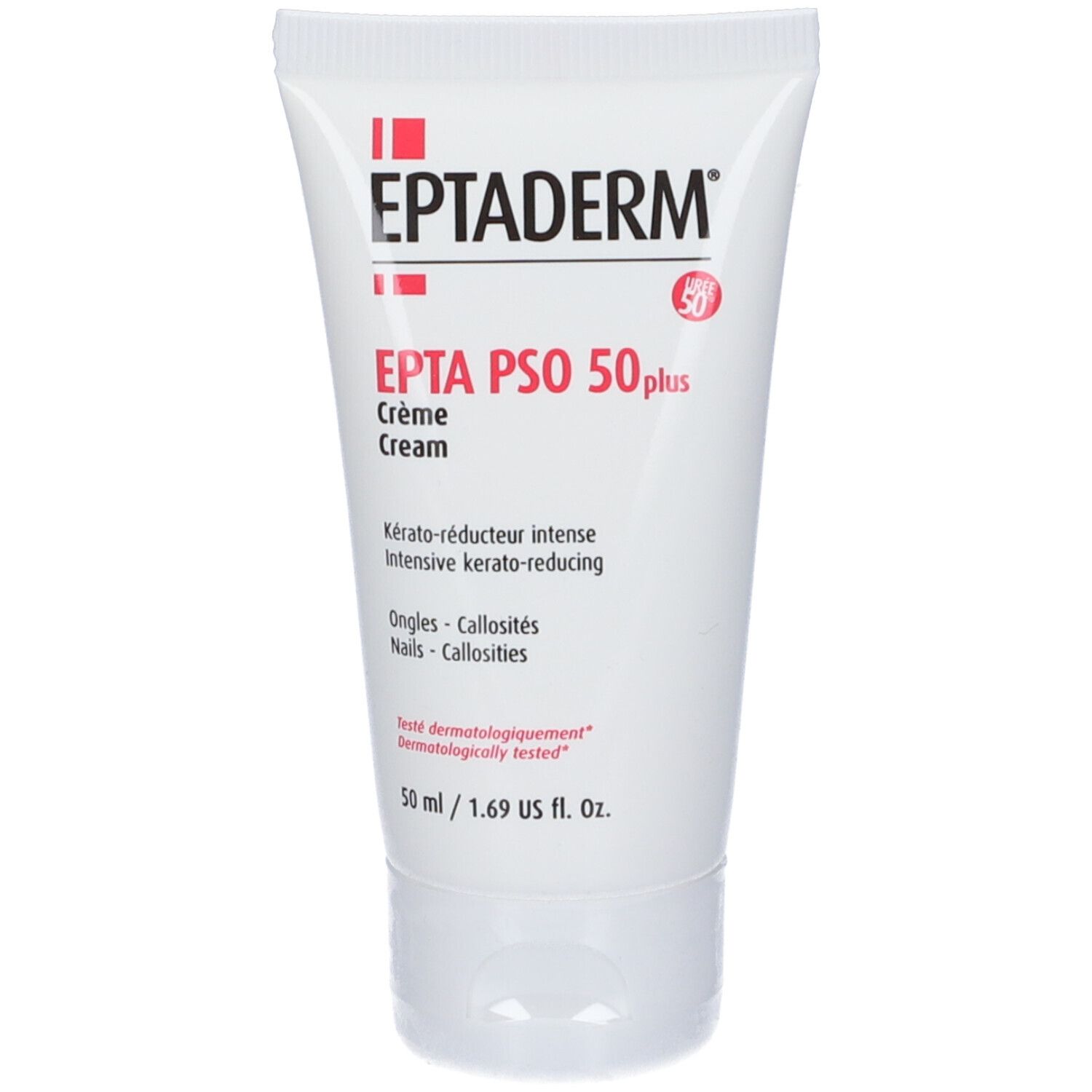 Tubo di crema Eptaderm Epta Pso 50 Plus. Bianco, testo rosso. 50 ml. Dermatologicamente testato.