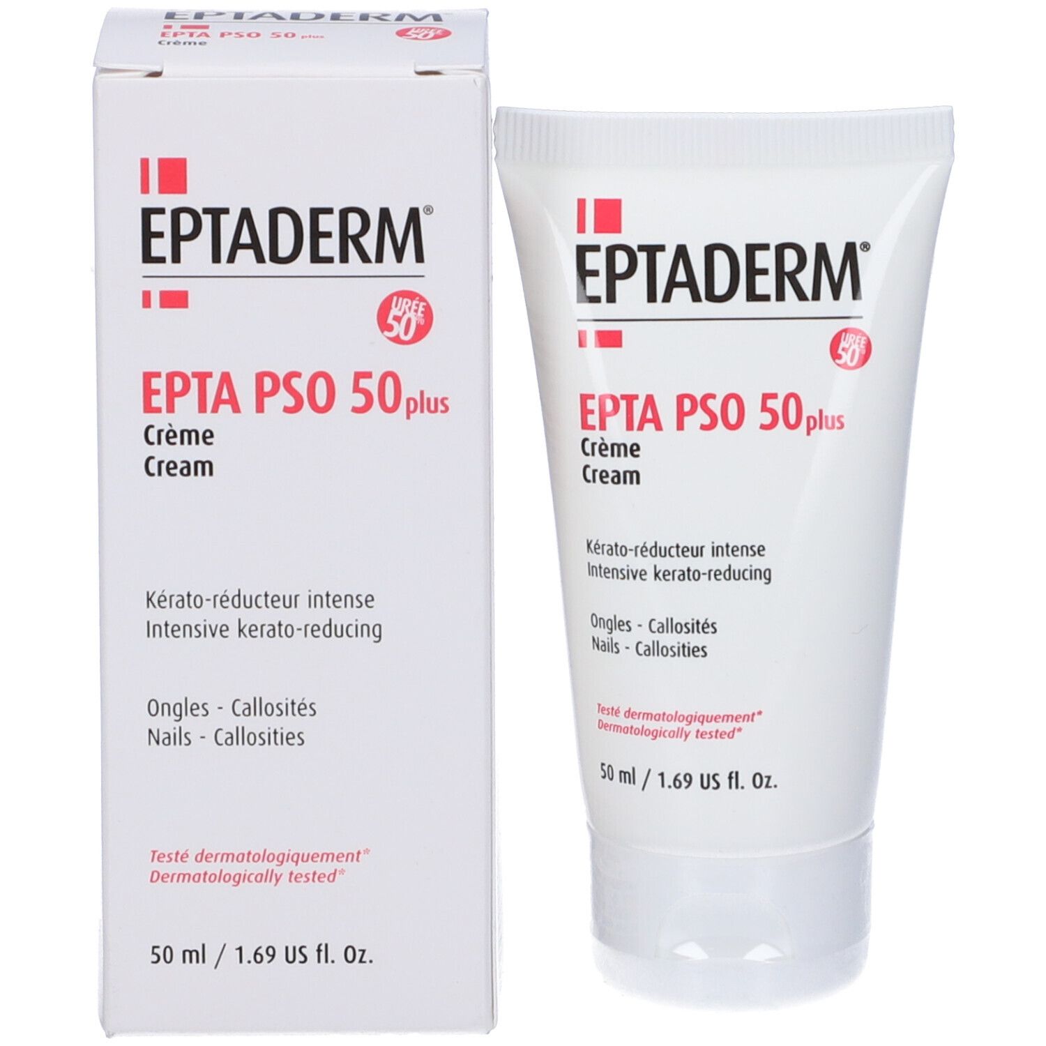 Eptaderm Epta Pso 50 Plus crema e confezione. Tubo e scatola bianchi, testo rosso. 50 ml.