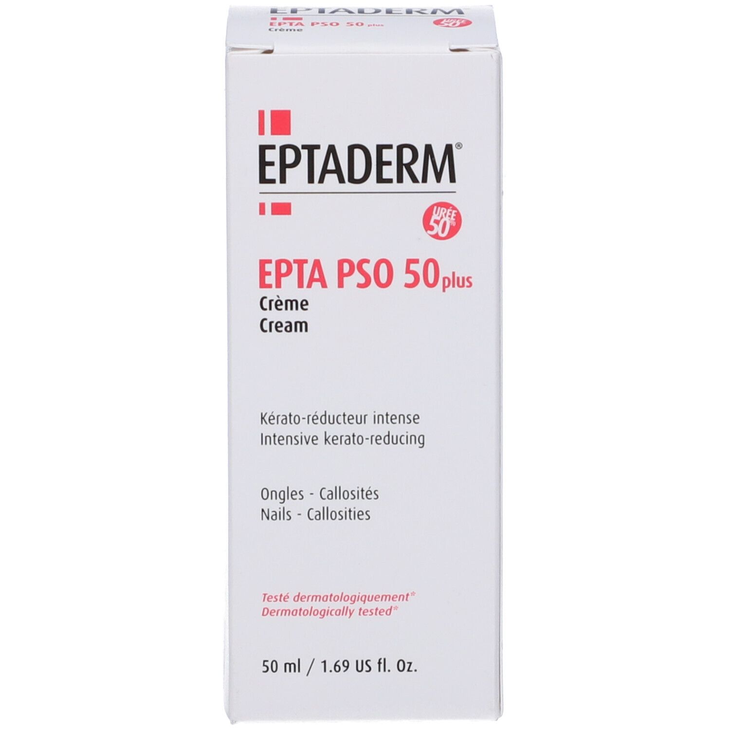 Scatola di crema Eptaderm Epta Pso 50 Plus. Bianco, testo rosso. 50 ml. Dermatologicamente testato.
