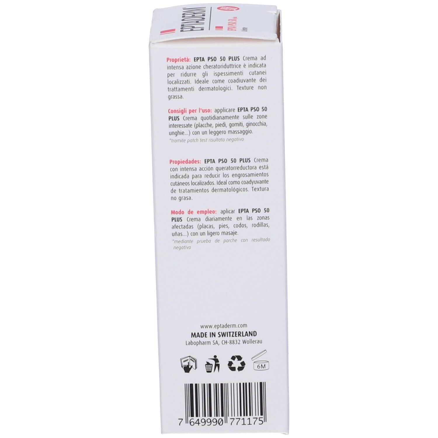 Lato della scatola di crema Eptaderm Epta Pso 50 Plus. Testo multilingue. Prodotto in Svizzera.