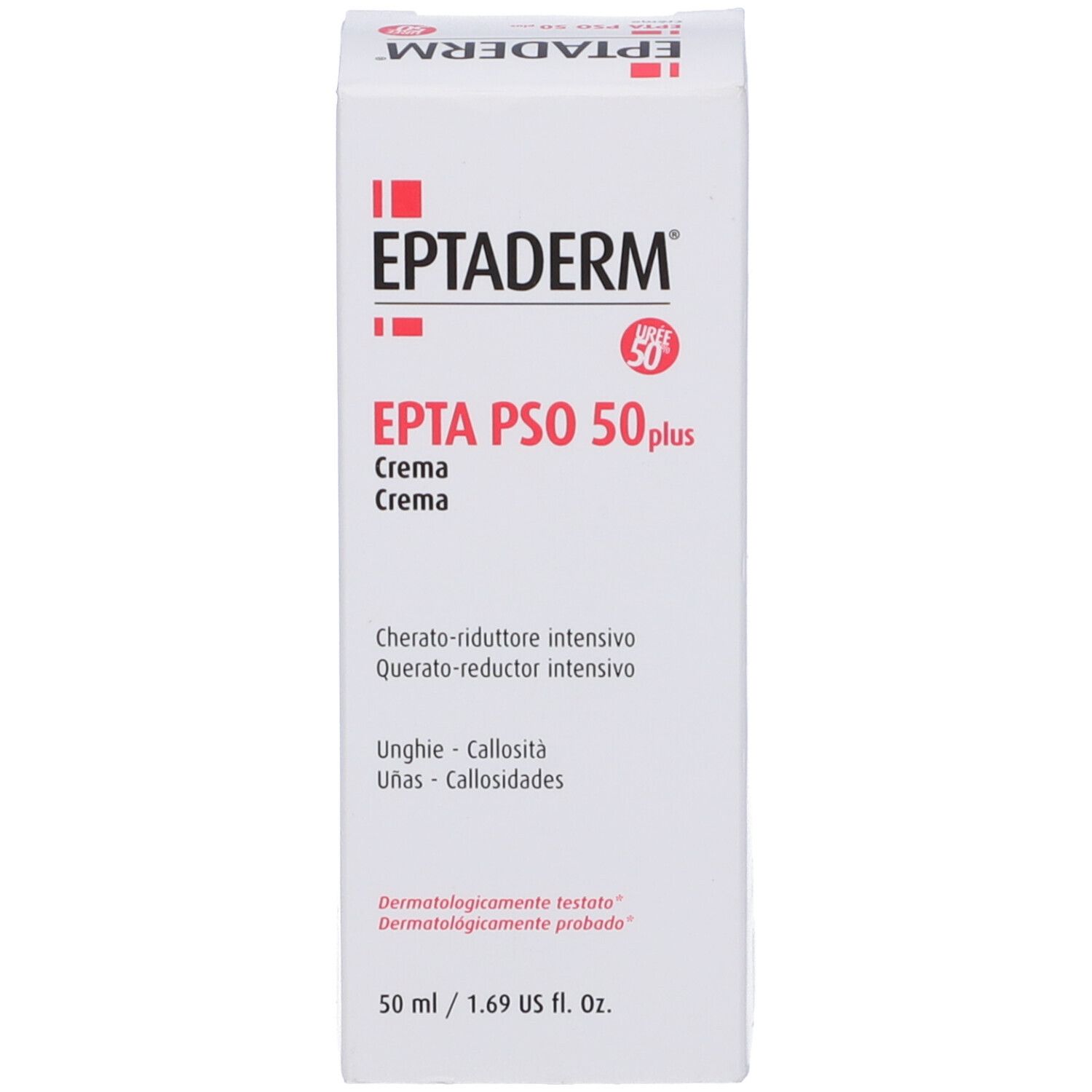 Scatola di crema Eptaderm Epta Pso 50 Plus. Bianco, testo rosso. 50 ml. Dermatologicamente testato.