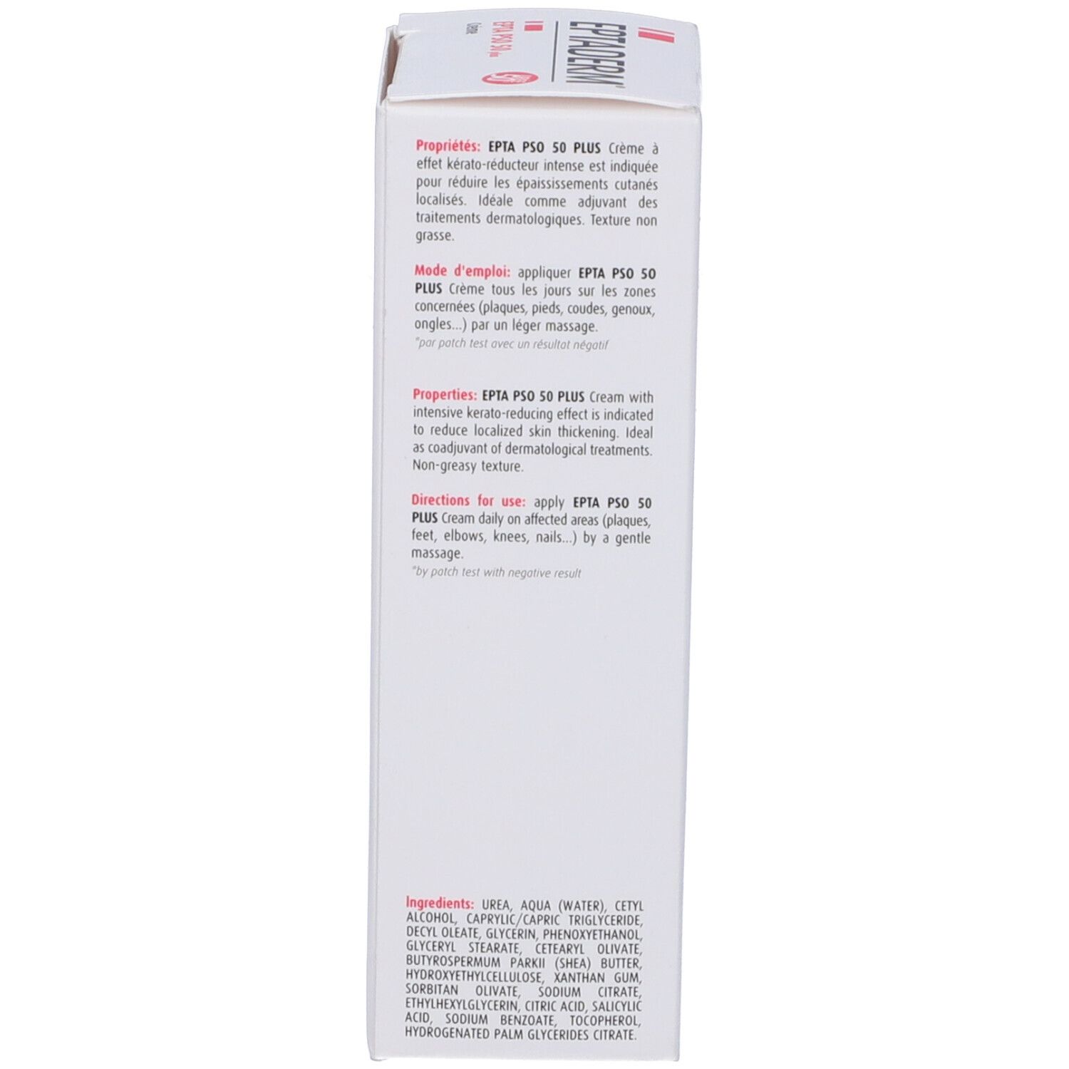 Lato della scatola di crema Eptaderm Epta Pso 50 Plus. Testo multilingue. Ingredienti.