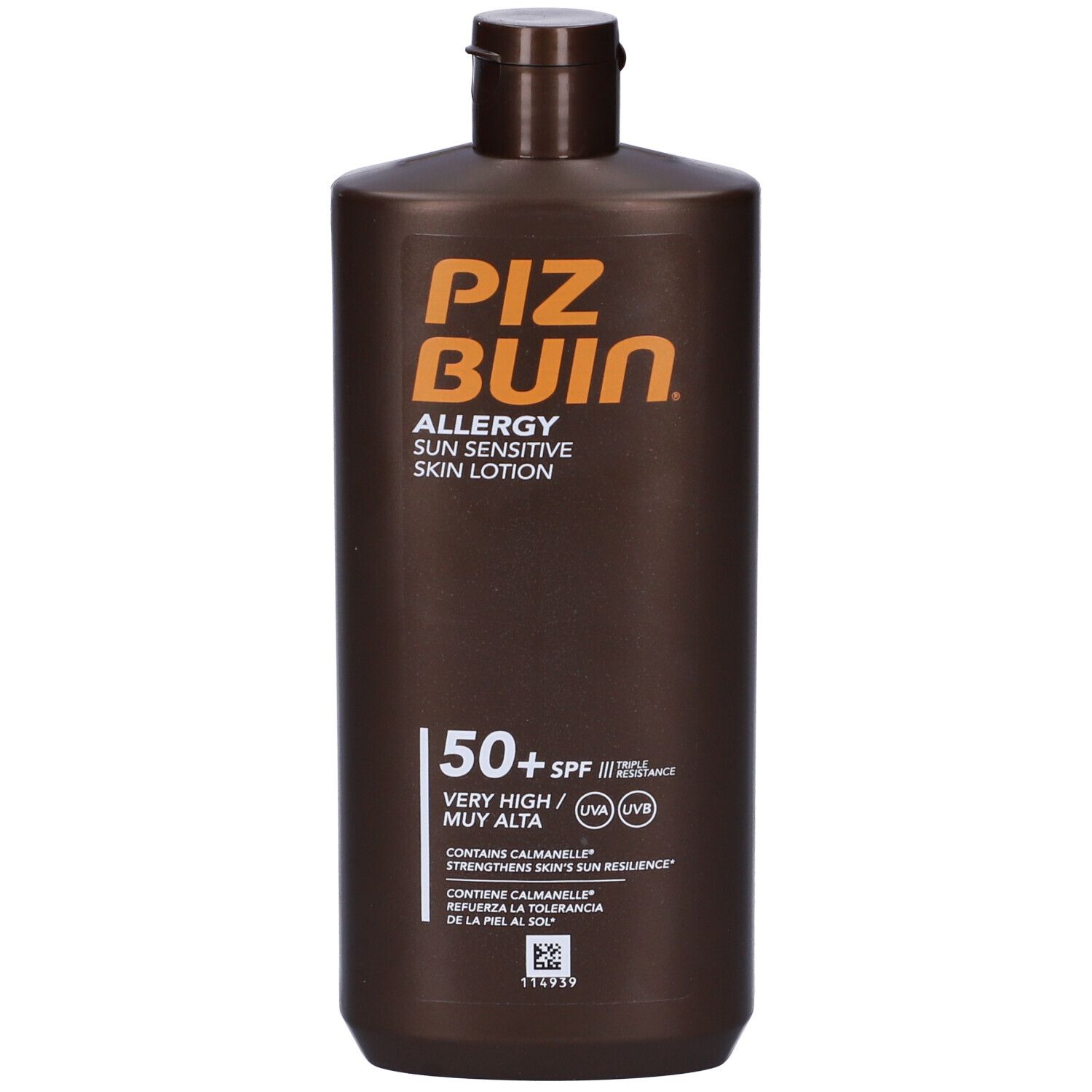 Piz Buin Allergy Latte Solare SPF50+. Flacone marrone con scritte bianche. Contiene Calmanelle.